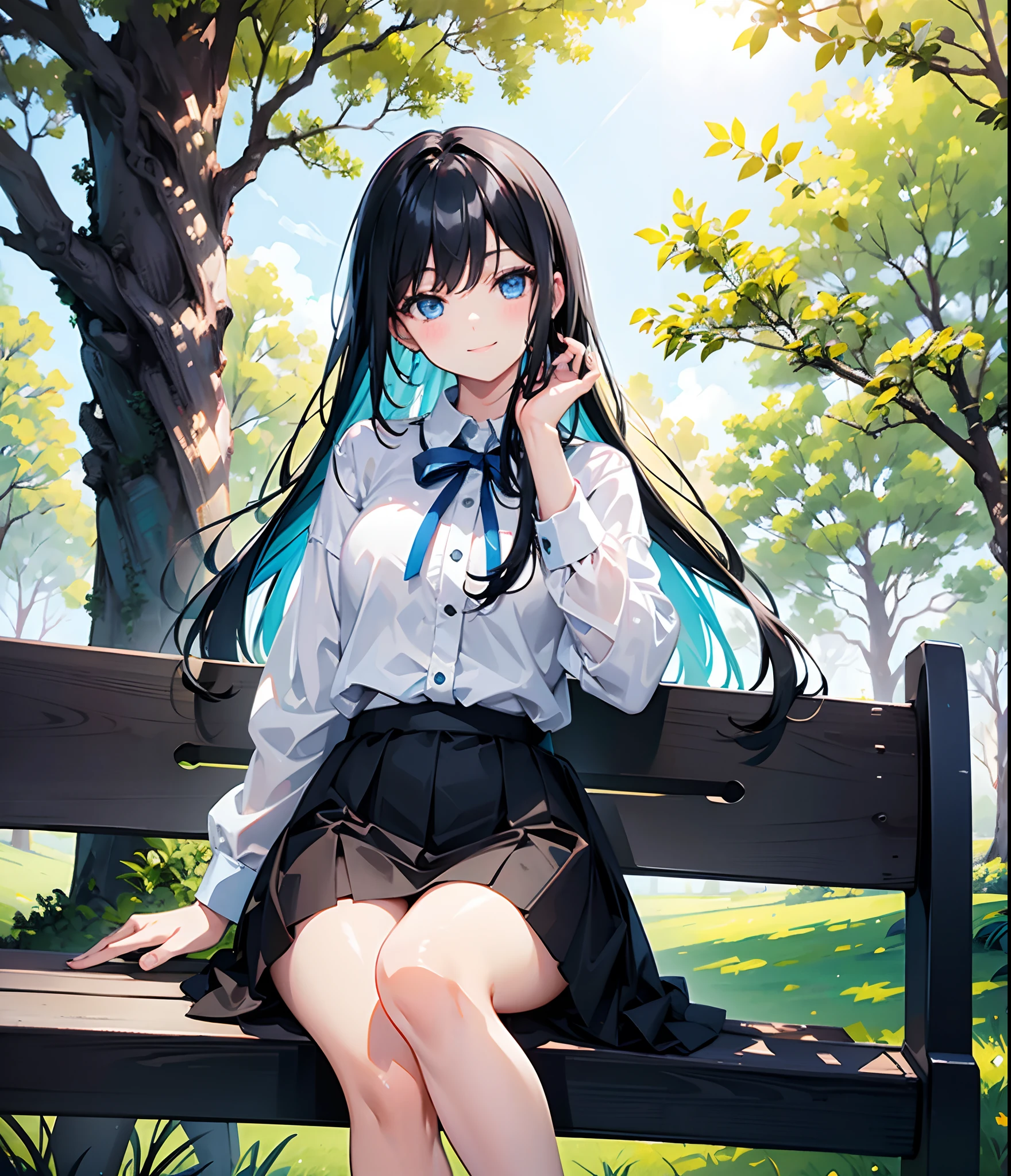Anime girl sitting on a bench in a park with trees - SeaArt AI
