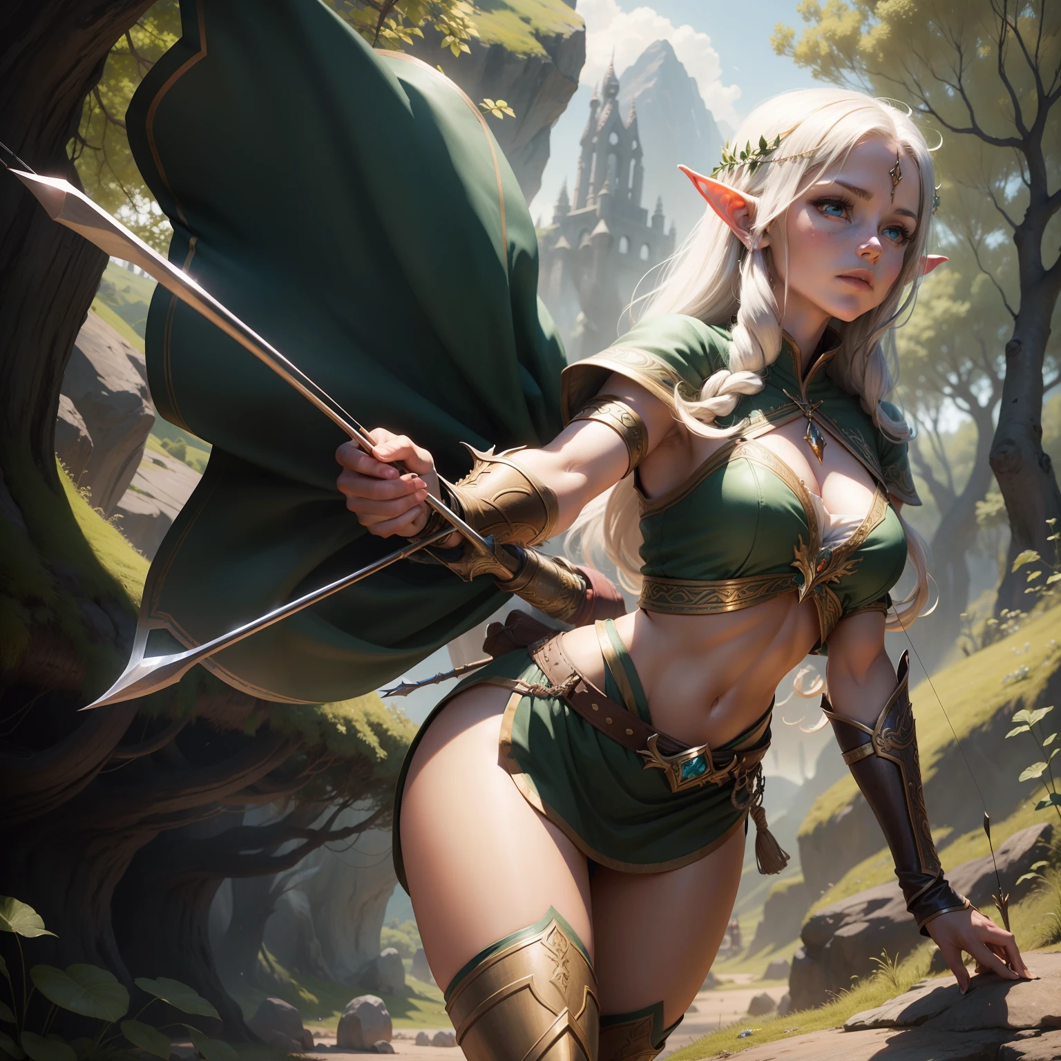 A pure and beautiful elven maiden shoots a bow and arrow at the giant in the distance