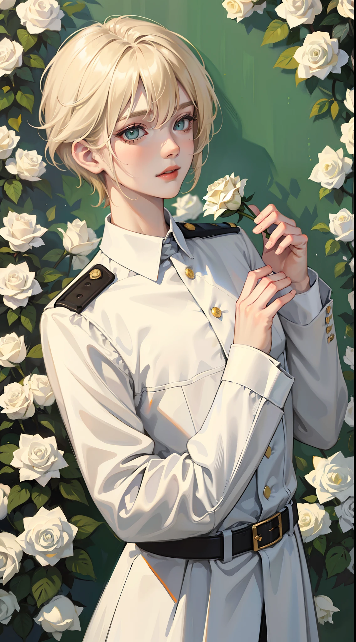 Young guy, short blonde hair with white strands, Green eyes, white officer's uniform, ssmile, White rose in hand, Crystal Rose, Masterpiece, hiquality
