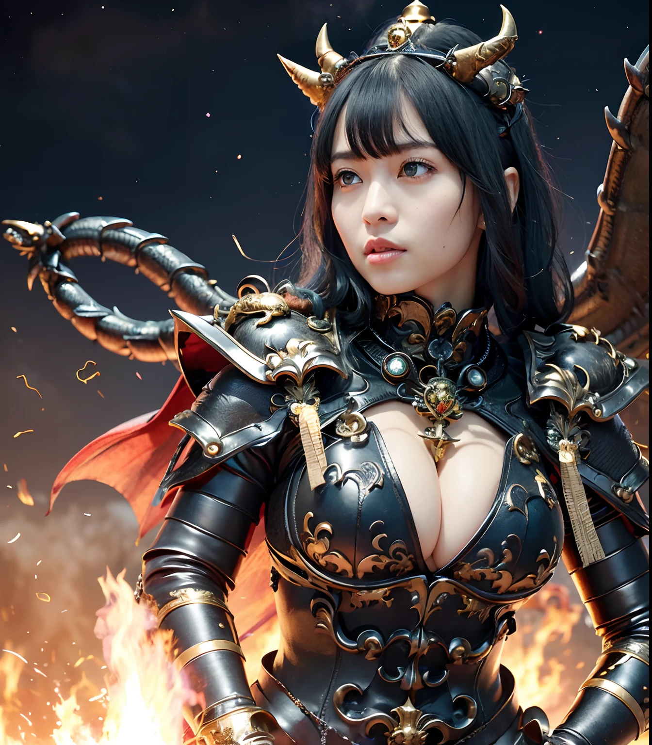(masutepiece), Professional , masterpiece、top-quality、photos realistic , depth of fields (Gemstone Black Metal Body:1.9),(Matte Black、(cleavage of the breast)、Dragon Gold Weapon(Dragon Metal Body:1.4),Gorgeous Silver Weapons ,(( Dragon's dense and gorgeous sword)) , Beautiful knife ,warhammer 40k , adepta sororitas,Detail and gorgeous crown、((Blue hair))、(Castle background)、The dragon、((Gangle's forest background))、Beautiful Caucasian beauty、(1a person)、dynamic ungle,(((Detailed and ornate Black Devil Crown)))、Smaller head、A smile、Castle background、Thin and beautiful female hands、cleavage of the breast、Soldier in iron armor on background、Mystical expression、Light Effects、intense fighting、Wind-effect、magic circles、With the legendary magic wand、(demonic wings)、(Blue hair)、(独奏)、
