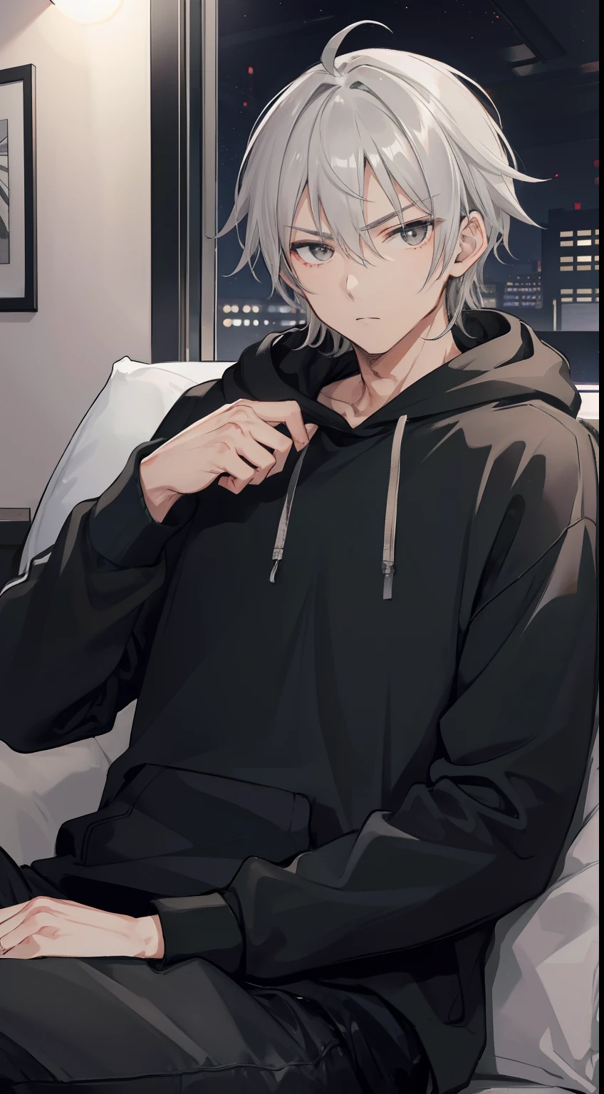 Gray hair, Shy 20 year old man with deep blue eyes,cute black knitted dog