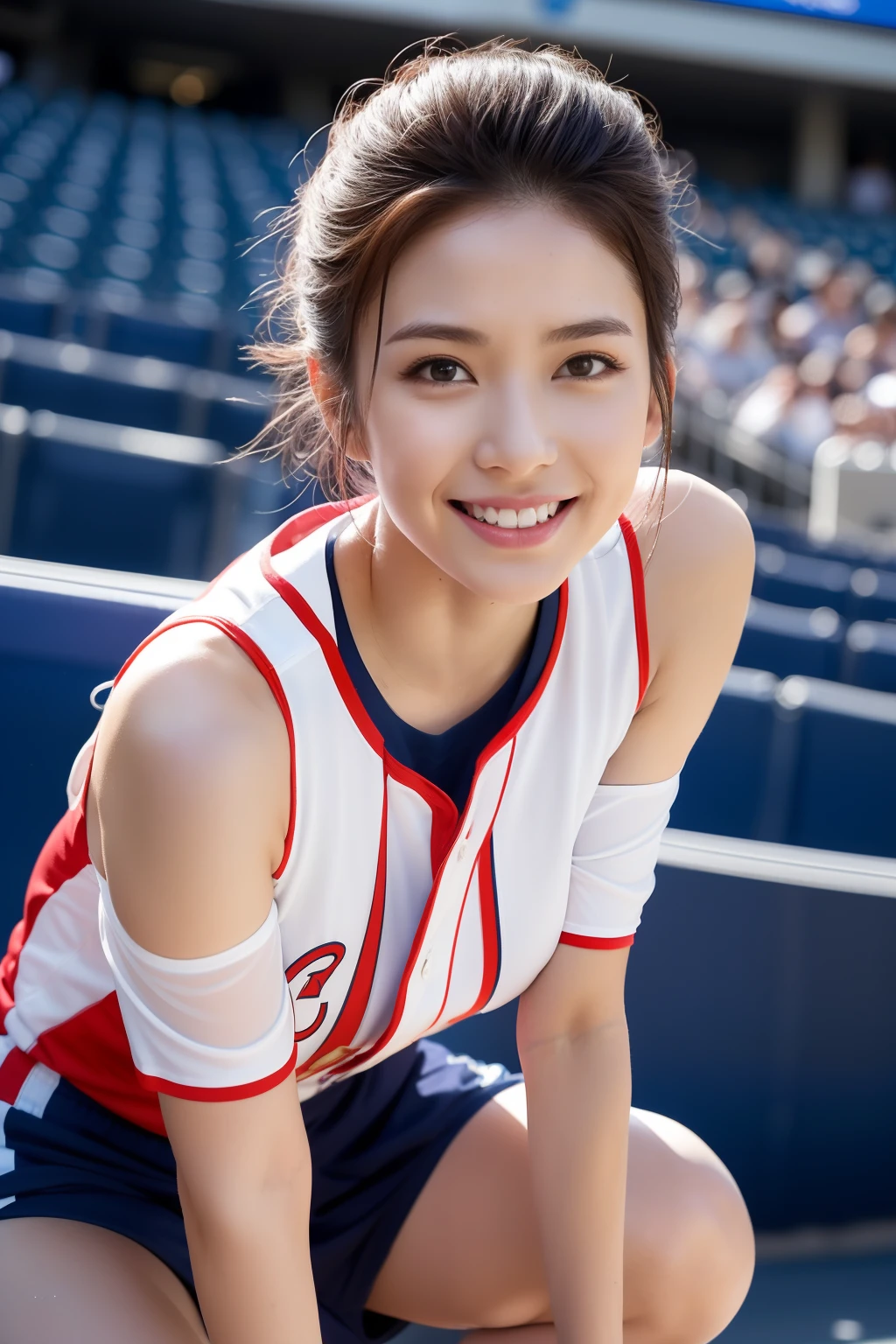 (Best Quality, 8K, 32K, masutepiece, nffsw:1.2), (1 slender woman of Japan, 28 years old, Tall gravure model), dark brown hair, ((Hair UP)), Bright foreground, Professional Lighting, Photon mapping, Radio City, shading:1.3, (high-detail skin:1.2), Huge breasts:1.5, (Shorts, exposed shoulder:1.1), randome pose, squatting with legs open, ((Provocative Dynamic Poses)), (she is soaking wet), top-down view:1.5, (baseball uniform:1.1), hyperdetailed face, Detailed lips, Detailed eyes, Double eyelids, Inside the stadium, Looking Camera, (Sensual gaze on the photographer, lips slightly open), Breaking the clear sky, Baseball Stadium, The audience gets excited, Confetti flies, Happy smile,
