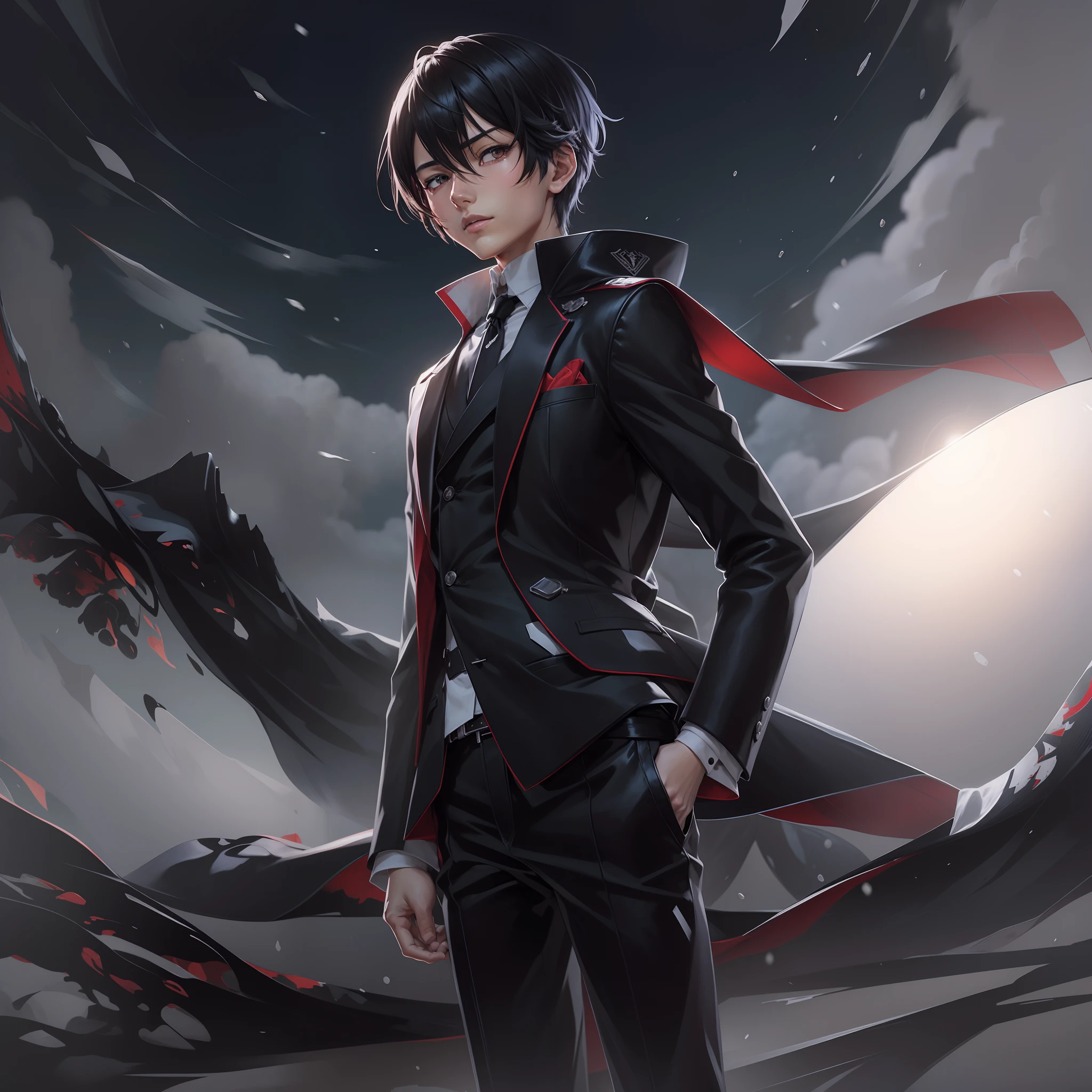Anime - anime character in a black suit standing in the snow with a red tie, cabelos preto, olhos vermelhos, Arte Oficial, shigenori soejima illustration, arte oficial do anime, arte oficial, arte oficial do personagem, de meninas da linha de frente, arte chave do anime, official illustration, nas montanhas de neve