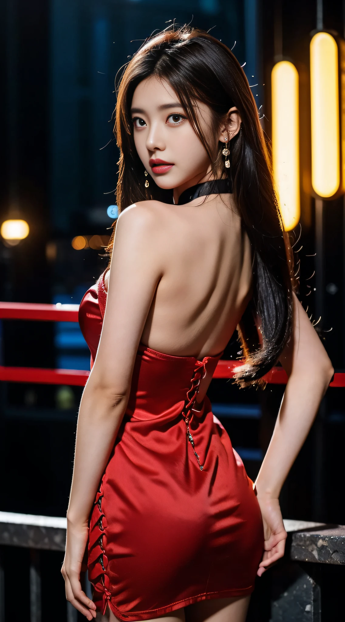 8K，tmasterpiece，RAW photos，best qualtiy，the detail：1.2），hentail realism，Very detailed CG unified 8k，8K，Diamonds and wallpapers，depth of fields，Motion picture film light，Lens flash，Light Tracking，（very pretty look face，beautifullips，beautidful eyes），intricate detail face，（（Hyper detailed skin））1girll，Korean female model，Dark night in the dark，deepshadow，Pretty Korean girl，Kpop idol，（Very slim and slender muscular body：1.3），（View the audience），（Tight miniskirt），（Red dress），（Injection sleeve），（City Night，（neon lights sign），（the night），Beautiful Korean girl earrings，bangle，choker necklace，Lace-up pantyhose，Clear  eyes，Walk，（paleskin），Face forward，（largeeyes），（（upperbody shots）），tightly dress，Silk dress，Lace-up dress，see through dresses，Turning around，back shots，Very slim，slander，slander