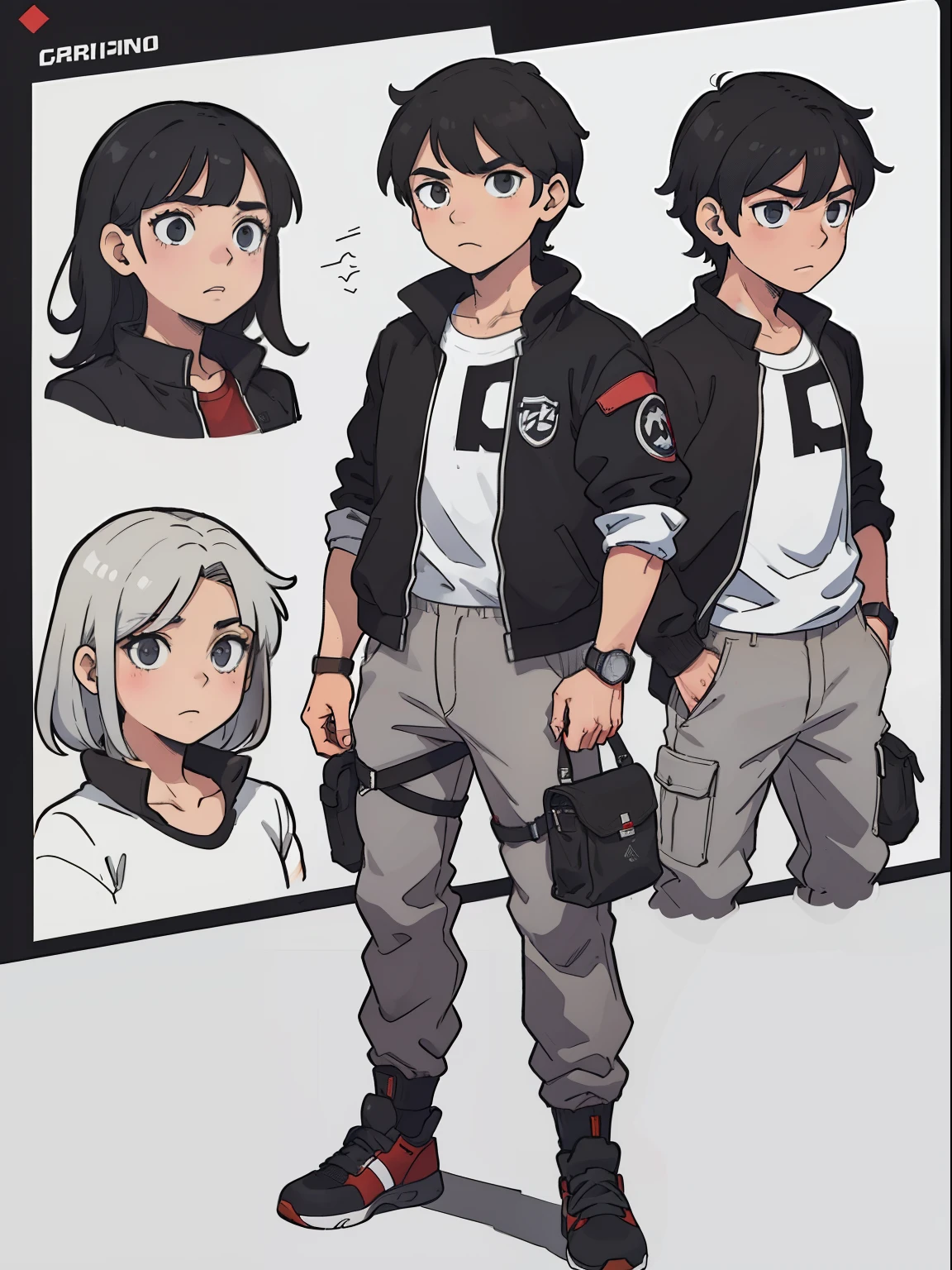 ((1garoto)) jovem, menino, masculino, cabelo marrom, cor marrom dos olhos, black jacket with a red stripe in the middle horizontal and the white shirt manga, gray cargo pants, Portanto, o smartwatch, Black and white baseball cap with two red stripes, gray cargo pants, sapatos esportivos brancos, desenho, manga, ((masterpiece)) 4k, ((manga-style)) estilo de desenho ((concept art)) corpo inteiro, standing