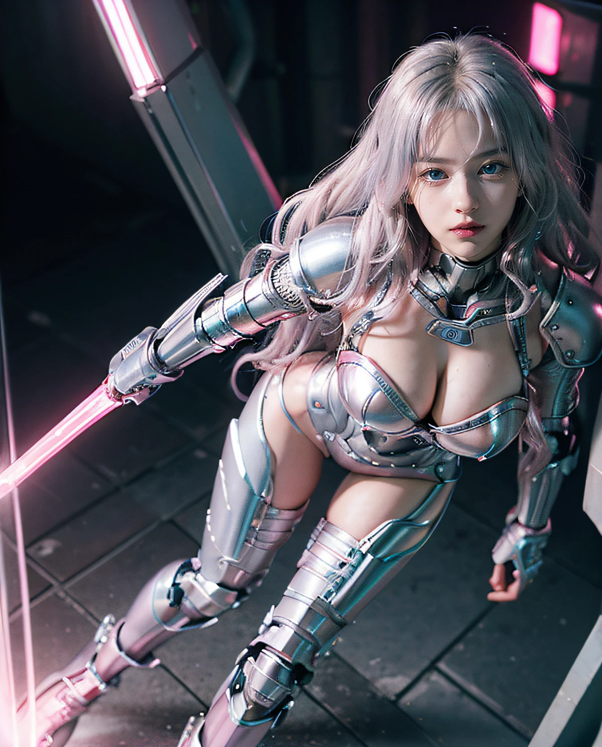 1girl, (Blue Eyes), happy face, (Sana Minatozaki), wide hips, Big Boobs, big ass, (Best Quality, 8k, Masterpiece: 1.3), Clear Focus: 1.2, Perfect Body Beauty: 1.4, Slender Abs: 1.2, Highly detailed face and skin texture, detailed eyes, double eyelids, red lips, (blonde long hair), (pink and silver full body cybersuit pink and silver full combat armor, futuristic pink and silver combat armor, pink and silver cybernetic full armor :1.3), (hands on the hips), (in a burning city :1.2), ruins, at night