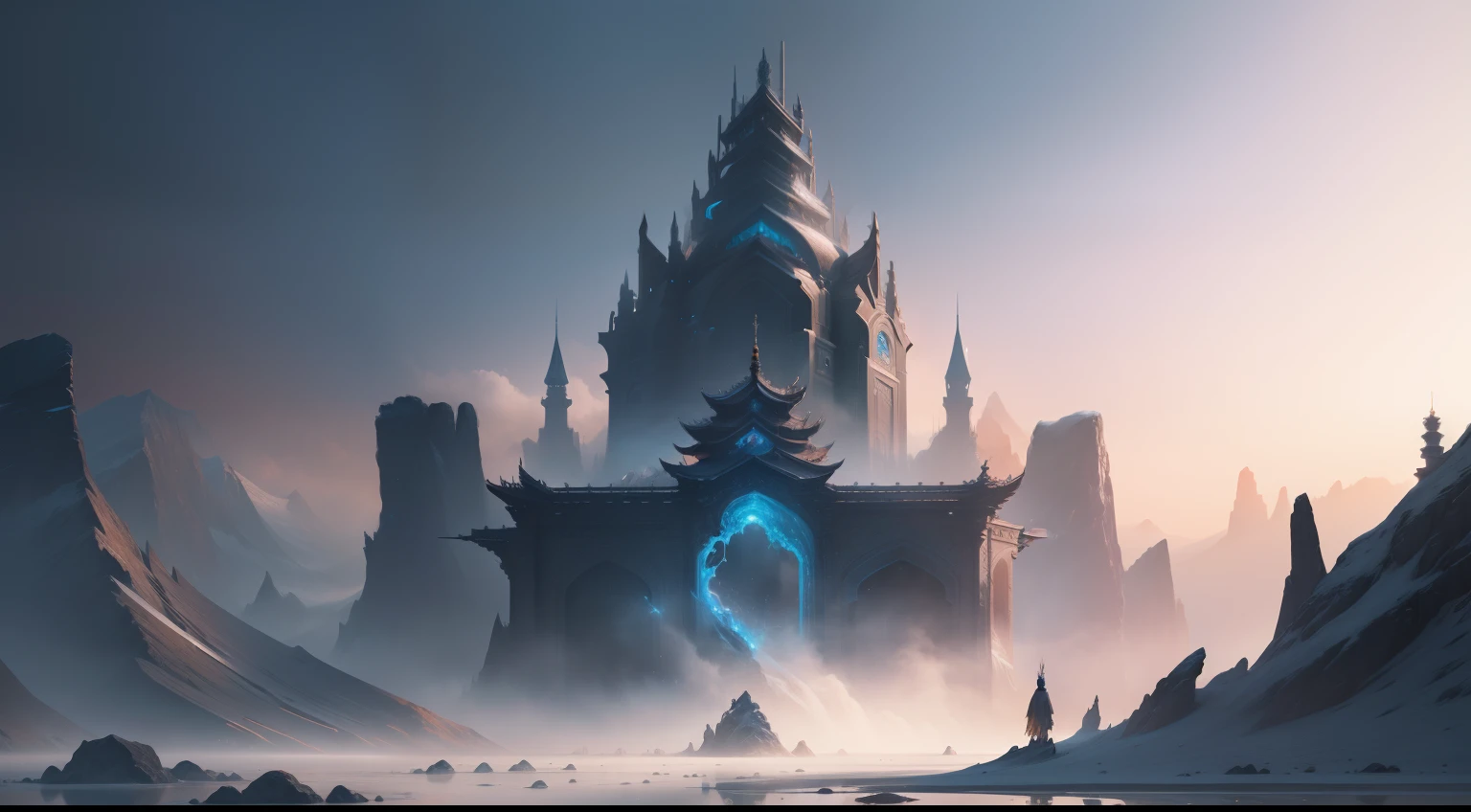 goddes,Half front,mont,rios,Chinese Ancient Times,A new world of icy landscapes,drak,Science fiction, 4K, High quality, illusory engine, Fantasy art ,Clean design, Epic