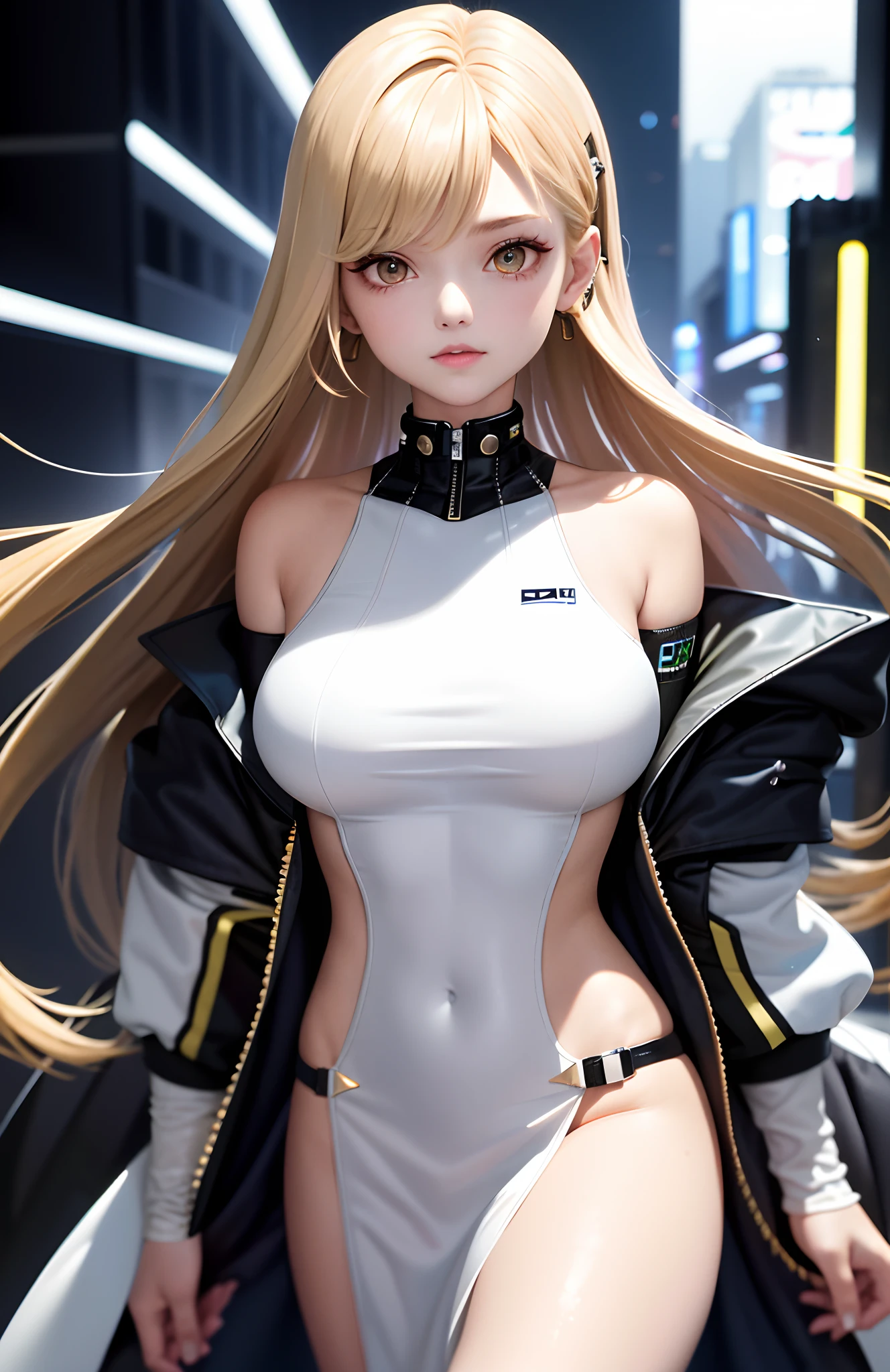 optimum，tmasterpiece，A high resolution，best qualtiy，hyper HD，super detailing，Award-Awarded，16k，独奏，（（The upper part of the body）），（（Bust）），anatomy correct，Beautiful cyberpunk girl，cute  face，，Gradient Beige Hair，Hairline，（（Scarlet eyes）），long eyelasher，Hanging eye corners，White skin of the，（small boobs），（Slim body），（（Women's extra short shawl leather jacket）），（（racing_suit）），（（High-Low_long  skirt）），ear studs，（Neck strap），（Laser material clothing：1.2）