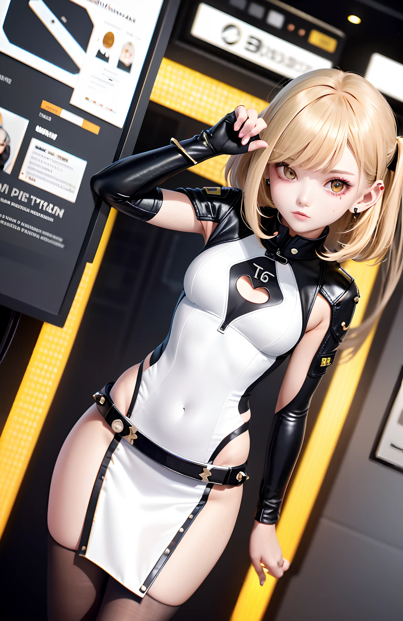optimum,tmasterpiece,A high resolution,best qualtiy,hyper HD,super detailing,Award-Awarded,16k,独奏,((The upper part of the body)),((Bust)),anatomy correct,Beautiful cyberpunk girl,cute face,,Gradient Beige Hair,Hairline,((Scarlet eyes)),long eyelasher,Hanging eye corners,White skin of the,(small boobs),(Slim body),((Women's extra short shawl leather jacket)),((racing_suit)),((High-Low_long skirt)),ear studs,(Neck strap),(Laser material clothing:1.2)