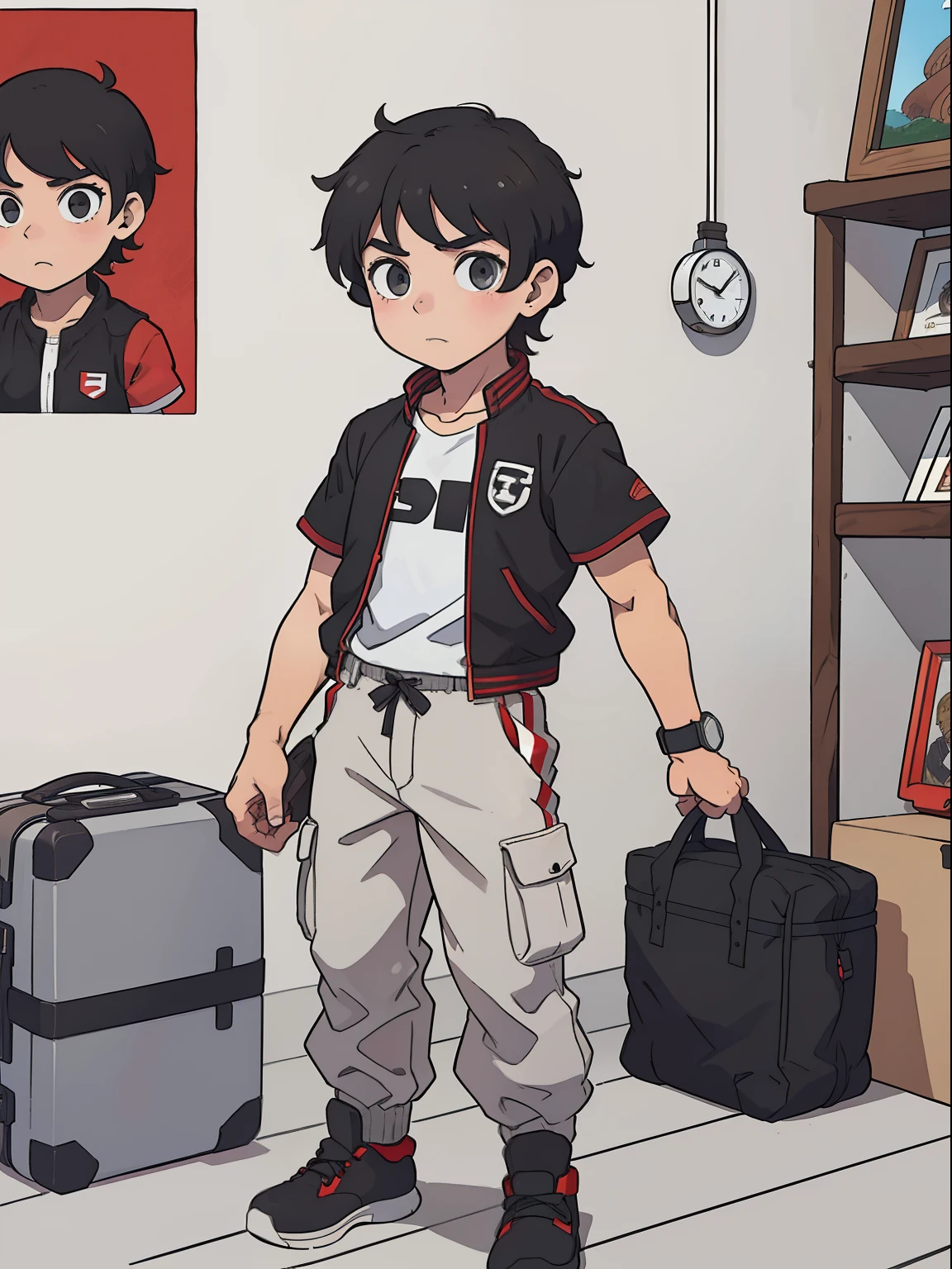 ((1garoto)) jovem, menino, masculino, cabelo marrom, cor marrom dos olhos, Jacket short sleeves with a red stripe in the middle horizontal and the white manga shirt, gray cargo pants, portanto, o smartwatch, Black and white baseball cap with two red stripes, gray cargo pants, sapatos esportivos brancos, desenho, manga, ((master part)) 4k, ((manga-style)) estilo de desenho ((arte conceitual)) corpo inteiro, Standing
