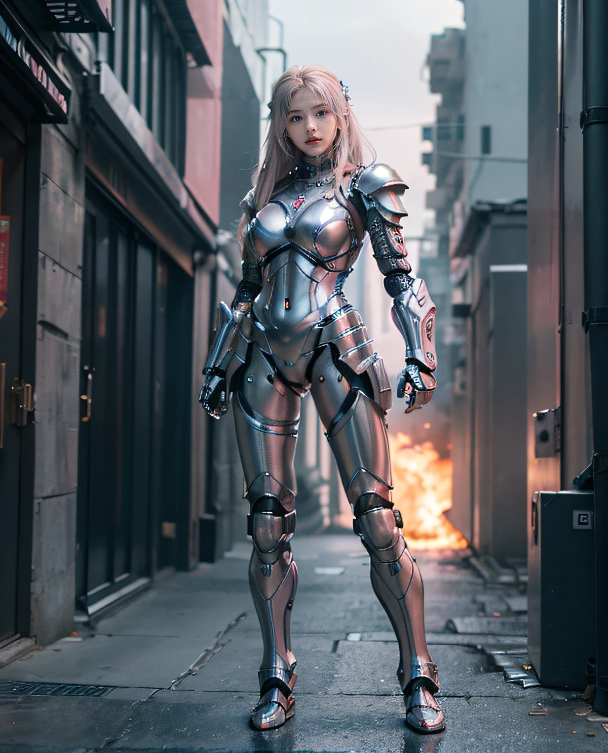 1girl, (Blue Eyes), happy face, (Sana Minatozaki), wide hips, Big Boobs, big ass, (Best Quality, 8k, Masterpiece: 1.3), Clear Focus: 1.2, Perfect Body Beauty: 1.4, Slender Abs: 1.2, Highly detailed face and skin texture, detailed eyes, double eyelids, red lips, (blonde long hair), (pink and silver full body cybersuit full combat armor, futuristic combat armor, cybernetic full armor :1.3), (hands on the hips), (in a burning city :1.2), ruins, at night