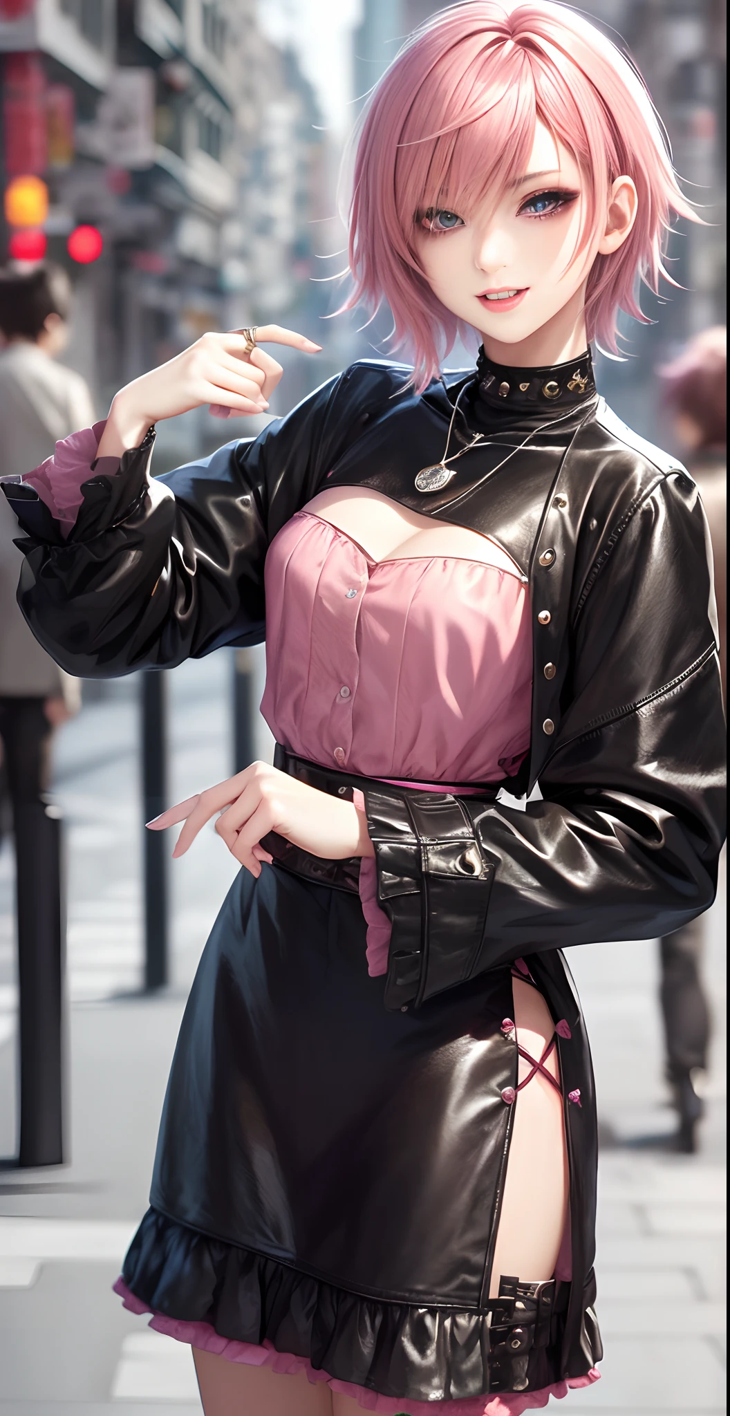masterpiece, top-quality, ((1womanl)), Adults, different color, finely eye and detailed face, intricate detailes, Casual black and white attire((Sexy clothes)), window, A smile, Happiness, tenderness, high-level image quality、 selfee, Beautuful Women、tall、a small face, D-cups, The upper part of the body、nightfall, nighttime scene、𝓡𝓸𝓶𝓪𝓷𝓽𝓲𝓬、Korea person, Idol Photos, Model photo, k pop, Professional Photos, Vampires, Korean fashion in black and white, Fedoman with necklace, inspired by Sim Sa-jeong, androgynous vampire, :9 detailed face: 8, extra detailed face, detailed punk hair, ((eyes are brown)) baggy eyes, Seductive. Highly detailed, semi realistic anime, Vampires, hyperrealistic teen, Delicate androgynous princess, imvu, ((short hair woman)), Pink hair woman with wild look, Sexy look, ((Woman with short pink hair)), ((1 persons))