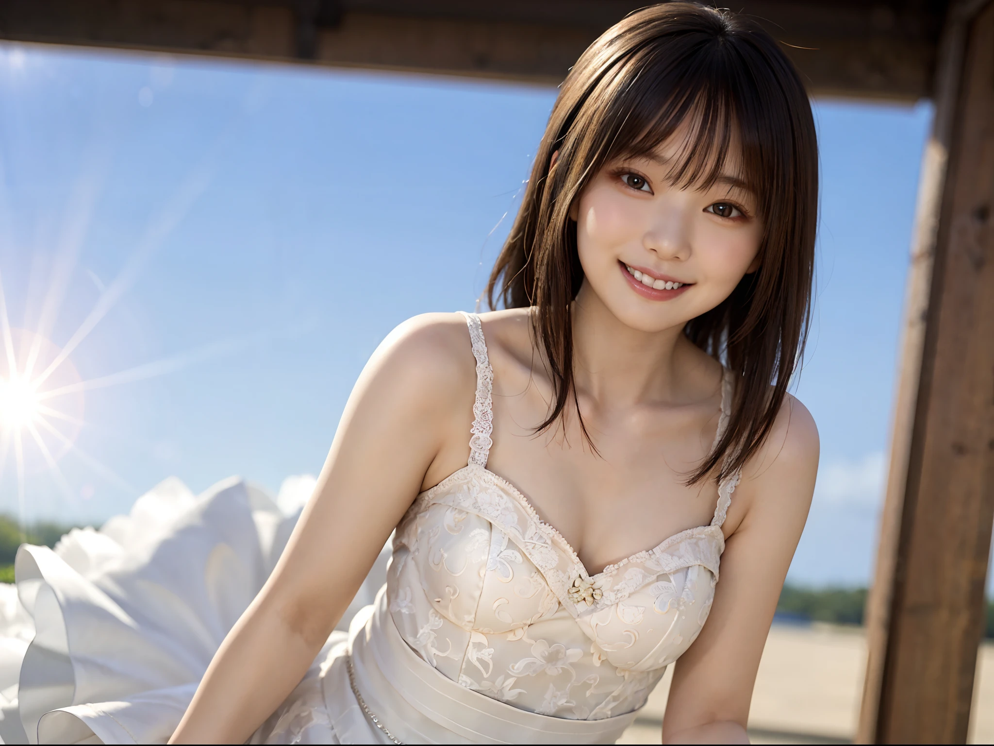 full body Esbian、((lensflare))、((Constricted waist circumference))、((Smiling)),((((27yo)))),(((Smaller bust))))、(((Colorful Wedding Dresses)))、(((Muscle feeling)))、(((photorealisim:6, realisitic)))、shorth hair、pale-skinned、looking at the viewers、the beach、coastline、the wind、vague、 8K UHD、Wearing glasses、Digital SLR、softlighting、hightquality、top-quality、超A high resolution、(Photorealsitic:1.4)、beautiful smiling face, Beautiful detailed sky, 电影灯光, depth of fields, Lens flare light、(A smile:1.15)、(Mouth closed)tiny chest、beautiful finely detailed eyes、Floating hair Nova frog style
