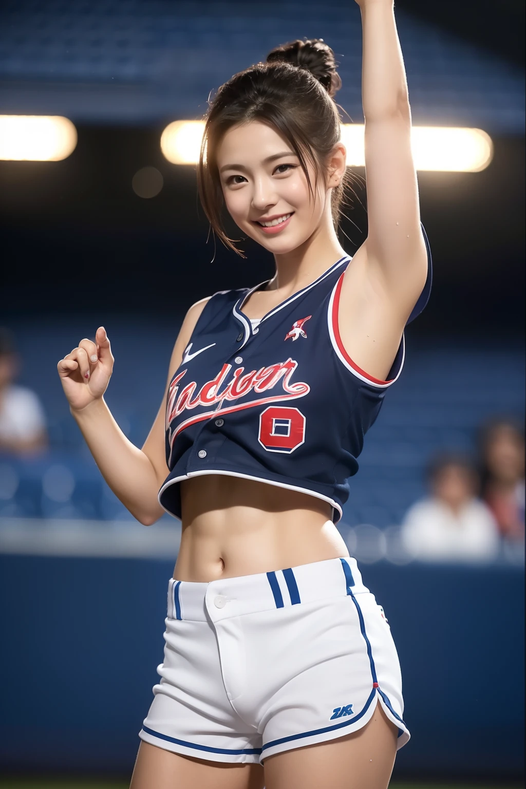 (Best Quality, 8K, 32K, masutepiece, nffsw:1.2), (1 slender woman of Japan, 28 years old, Tall gravure model), dark brown hair, ((Hair UP)), Bright foreground, Professional Lighting, Photon mapping, Radio City, shading:1.3, (high-detail skin:1.2), Huge breasts:1.5, (Shorts, exposed shoulder:1.1), randome pose, ((Provocative Dynamic Poses)), (she is soaking wet), top-down view:1.5, (baseball uniform:1.1), hyperdetailed face, Detailed lips, Detailed eyes, Double eyelids, Inside the stadium, Looking Camera, (Sensual gaze on the photographer, lips slightly open), Breaking the clear sky, Baseball Stadium, The audience gets excited, Confetti flies, Happy smile,