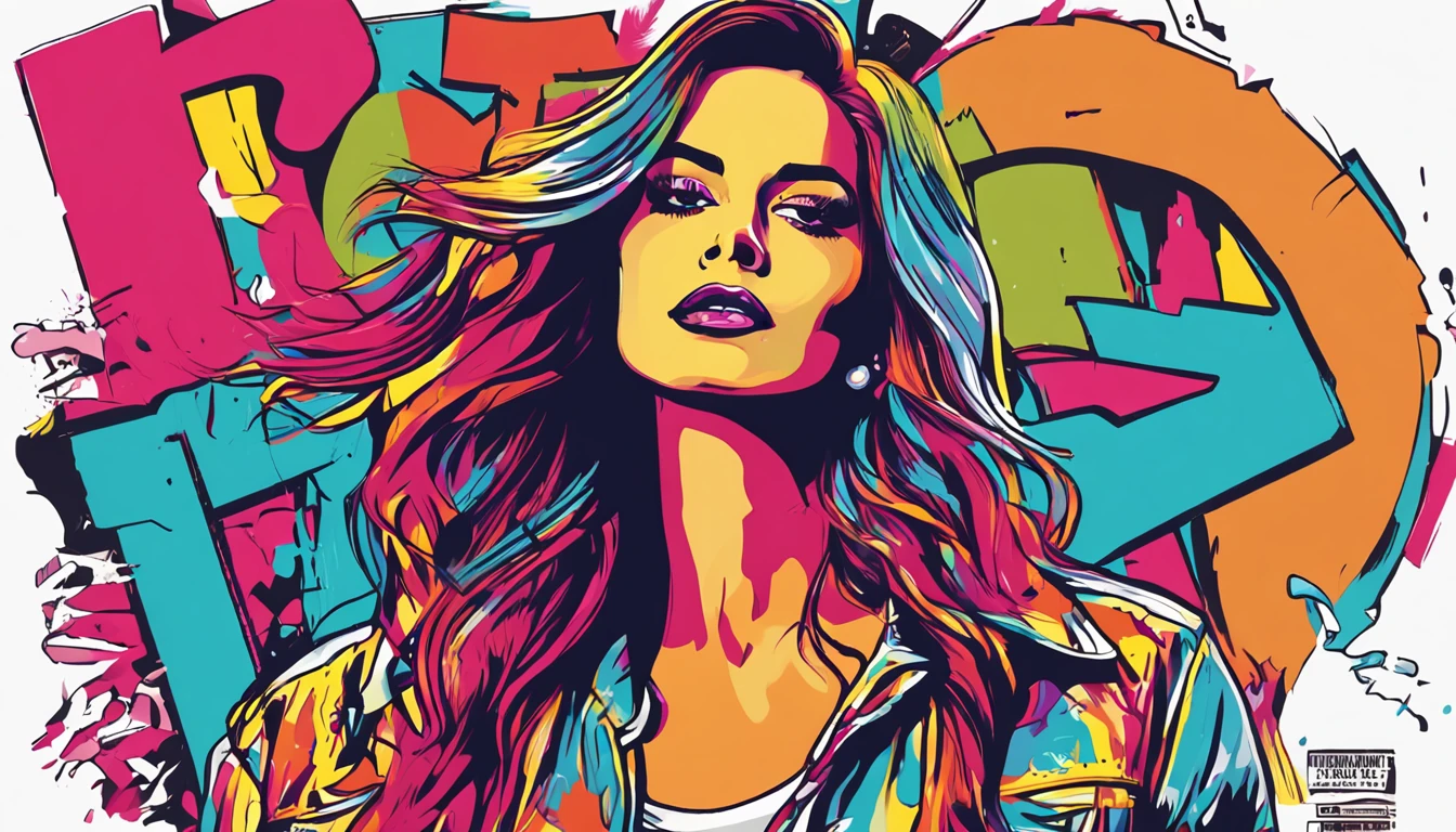 ready-to-print vector t-shirt art colorful graffiti illustration of singer lana del rey, full body, action shot, vibrant colors, high detail