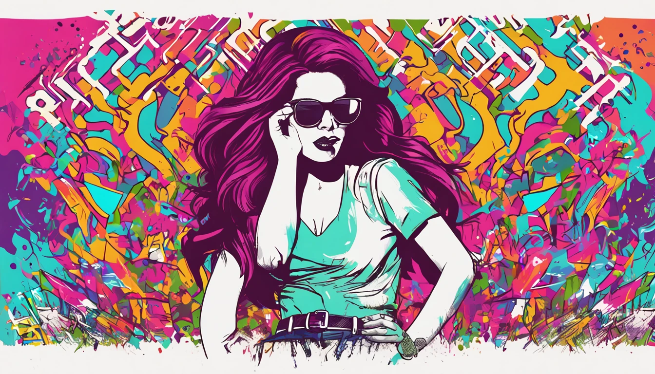 ready-to-print vector t-shirt art colorful graffiti illustration of singer lana del rey, full body, action shot, vibrant colors, high detail