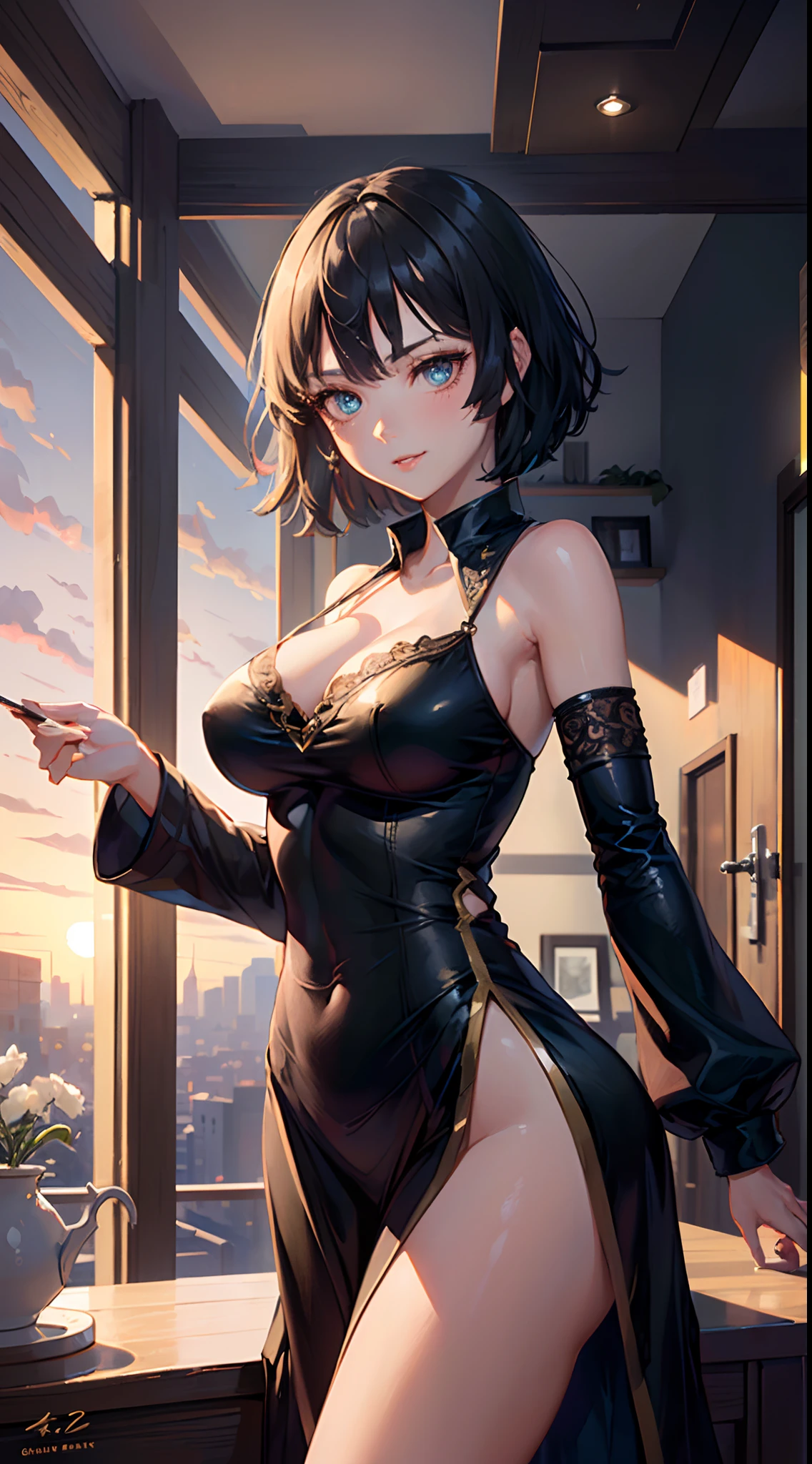 ((((masterpiece, best quality, high resolution)))), 1girl, bob cut, short wavy hair, blush, light smile, parted lips, glow, thighs, narrow waist, (masterpiece), (beautiful detailed face, beautiful detailed eyes), wide hips, (large breasts: 1.2), tight dress