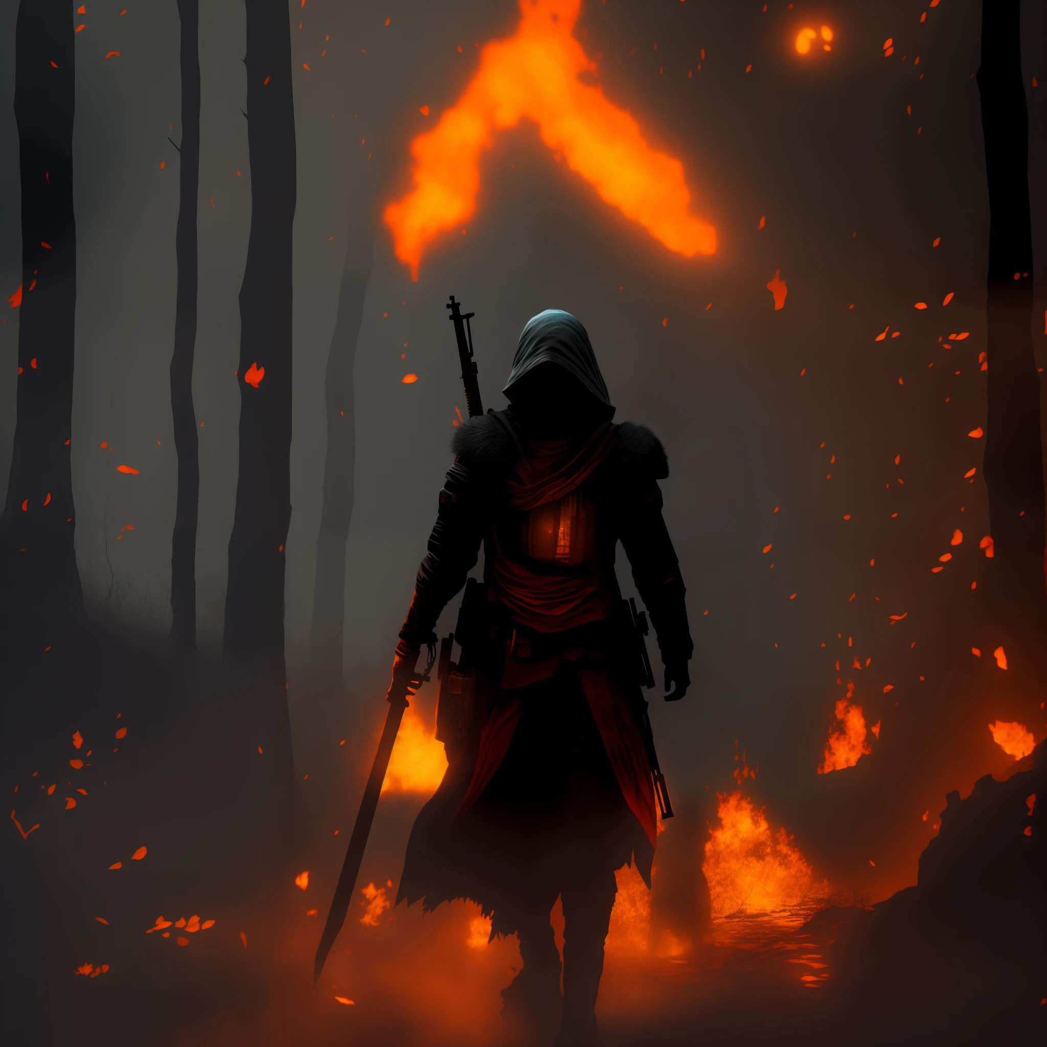 Ghost do jogo Call of Duty, infernal, Caminhando pela floresta em chamas, with a sword in her hand, high saturation, Rifle nas Costas.