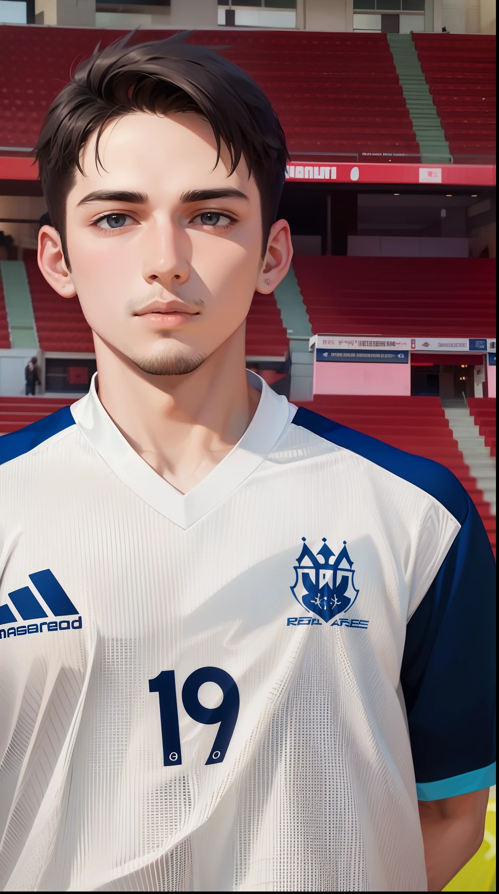 Attractive profile picture, 1 guys, masterpiece, ultra-precise rendering, beautiful and cool young man, trustworthy, dependable young man, savior of the world, simple design, most beautiful image, 4K, V neck, soccer jersey, facial hair.