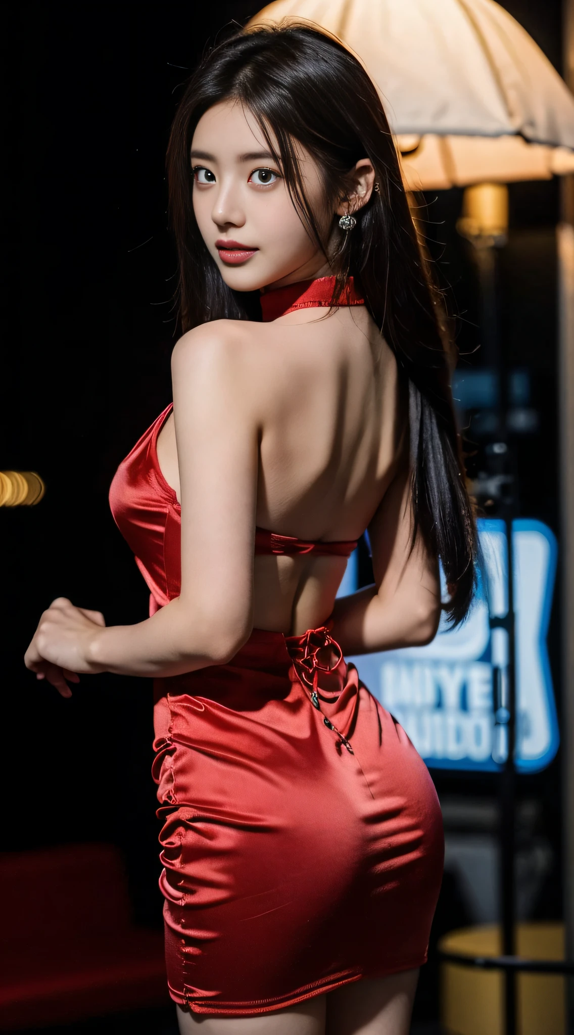 8K,tmasterpiece,RAW photos,best qualtiy,the detail:1.2),hentail realism,Very detailed CG unified 8k,8K,Diamonds and wallpapers,depth of fields,Motion picture film light,Lens flash,Light Tracking,(very pretty look face,beautifullips,beautidful eyes),intricate detail face,((Hyper detailed skin))1girll,Korean female model,Dark night in the dark,deepshadow,Pretty Korean girl,Kpop idol,(Very slim and slender muscular body:1.3),(View the audience),(Tight miniskirt),(Red dress),(Injection sleeve),(City Night,(neon lights sign),(the night),Beautiful Korean girl earrings,bangle,choker necklace,Lace-up pantyhose,Clear eyes,Walk,(paleskin),Face forward,(largeeyes),((upperbody shots)),tightly dress,Silk dress,Lace-up dress,see through dresses,Turning around,back shots,Very slim,slander,slander