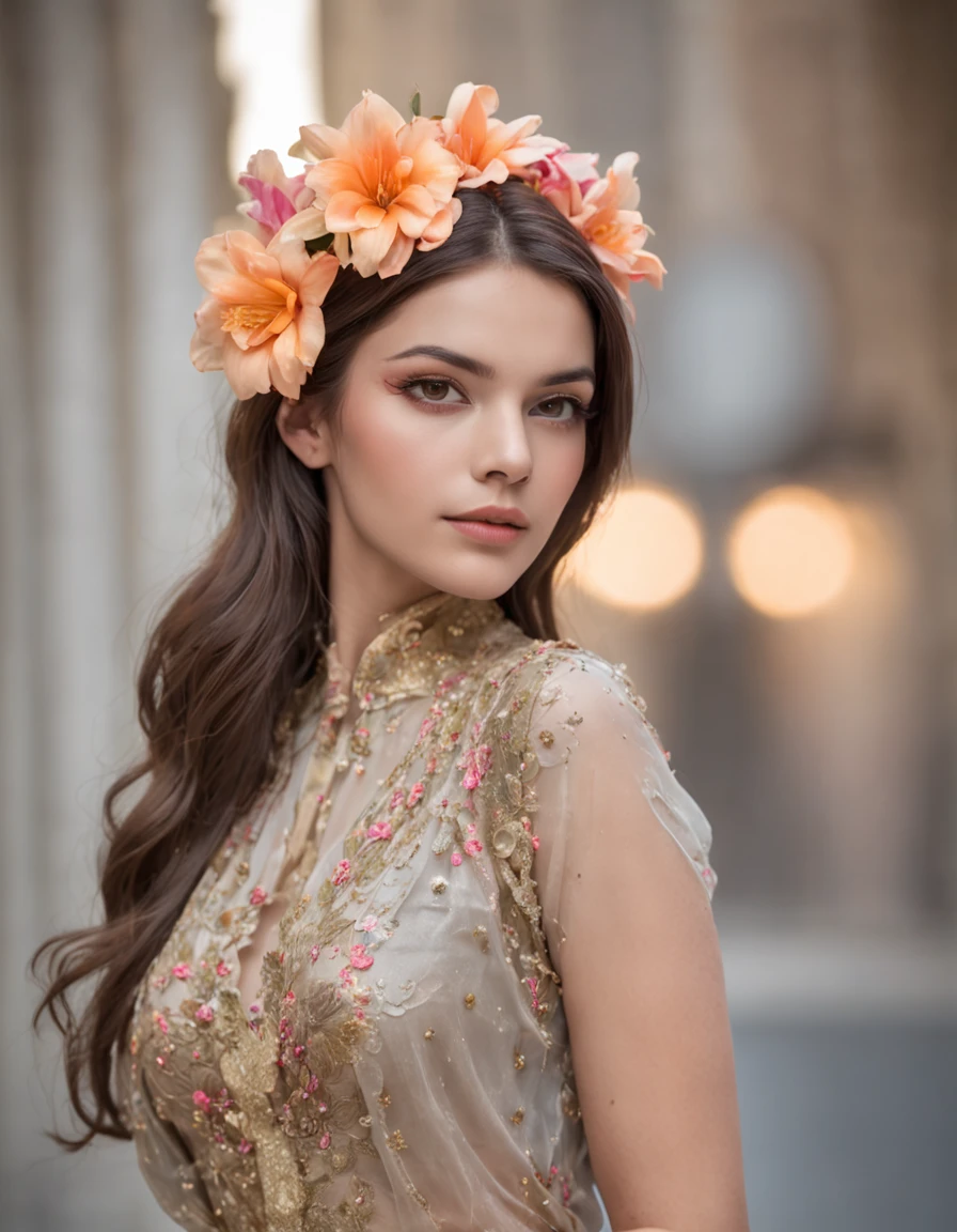 Amidst a vibrant, bustling city, a girl blossomed like a rare flower, her charm captivating the busy streets. Her unique sense of style blended modern trends with timeless beauty, leaving an indelible impression on all who encountered her, high shine and glow, neon multicolor art