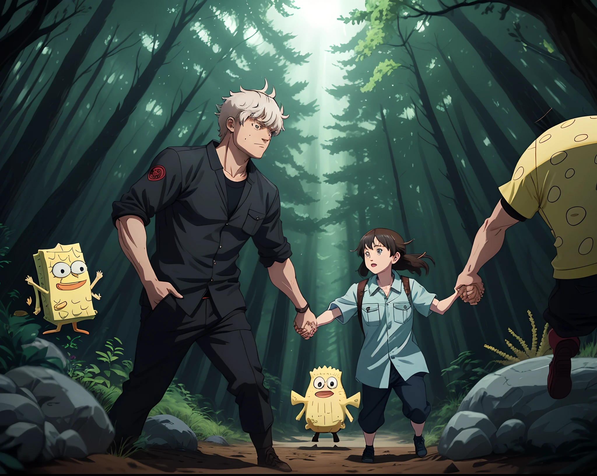 Sakata Gintoki and SpongeBob SquarePants hold hands,Catch wild boar together in the dark forest