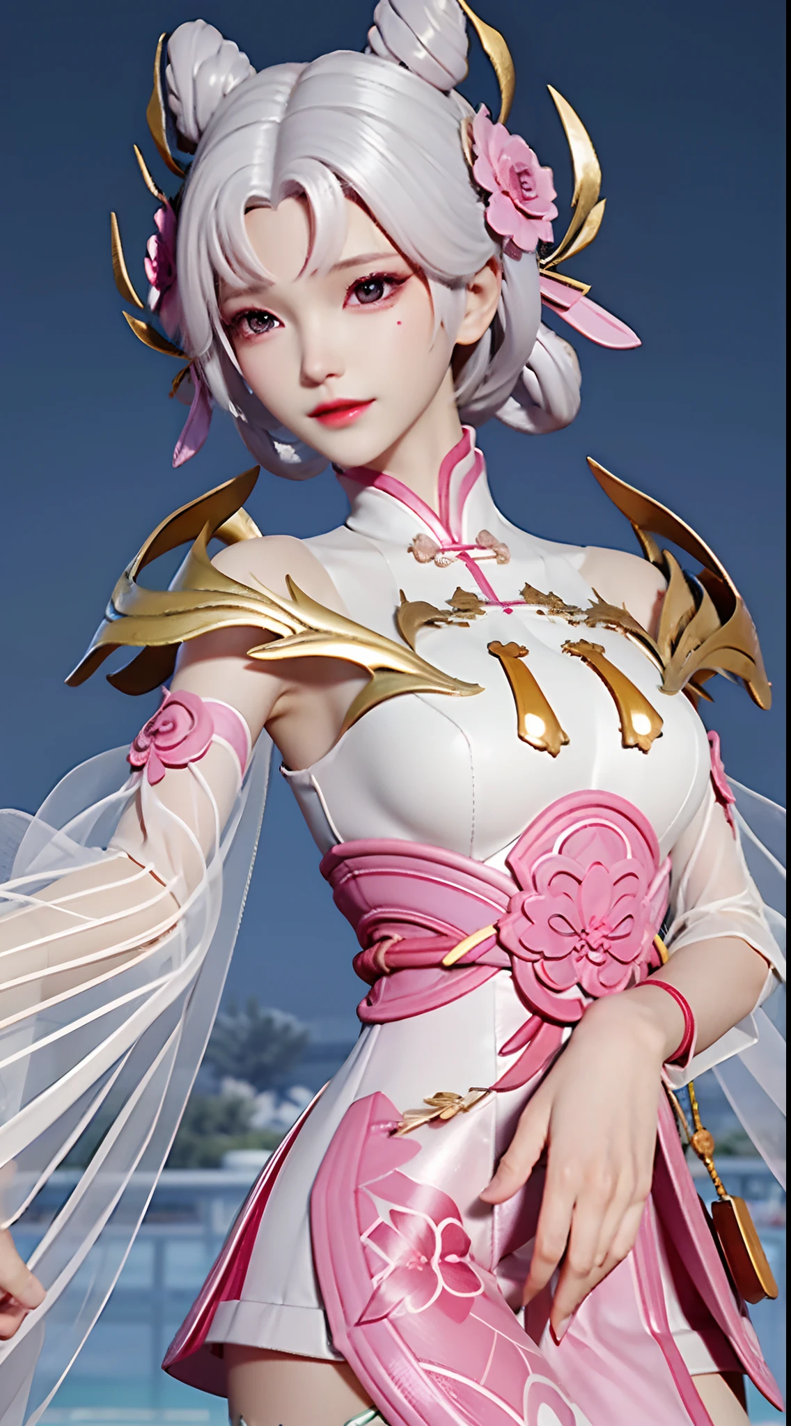 Pink and white hair a short bob Beautiful breasts qipao dress