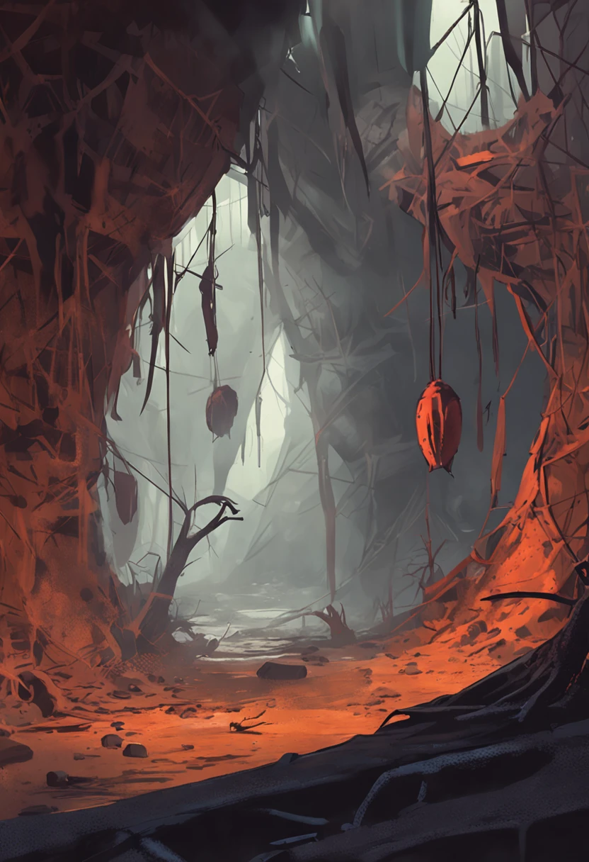 location, giant webs, spider eggs, creepy, dark, spider webways, underdark, painted as a game concept art, environment concept art, environment and concept art, painterly concept art, spiders everywhere