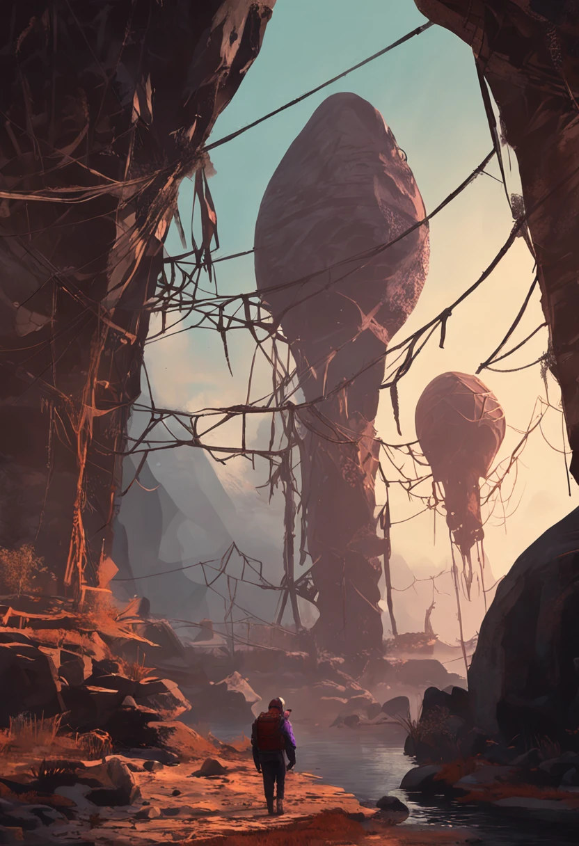 A red spider, cave full of webs, insects wrapped in the webs, dark and light colors, various colors, 8k quality, cinematic focus, humid, dramatic weather