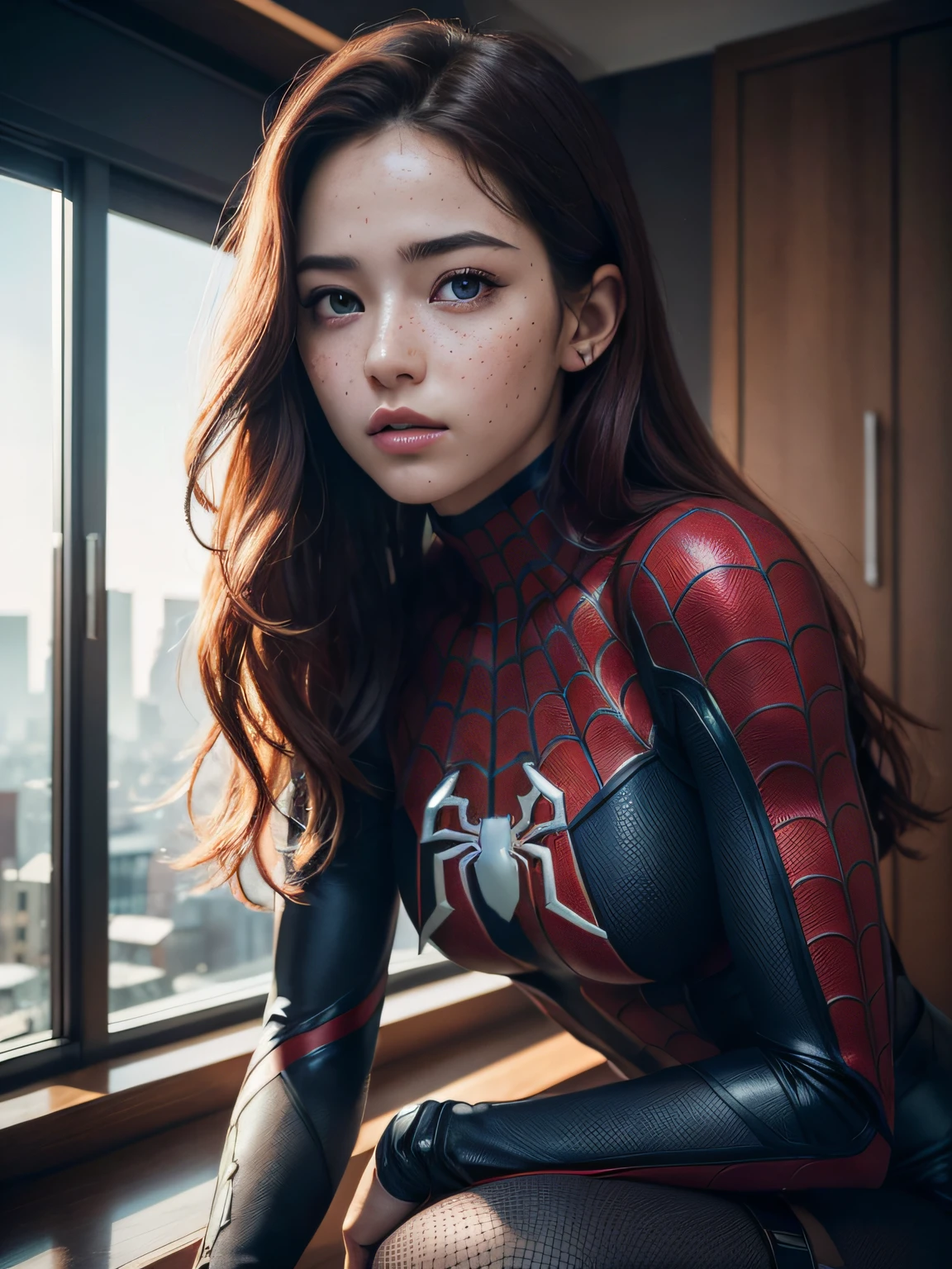 extremely detailed CG,UHD wallpaper, Extreme details,(realistic:1.2),(((best quality))), ((ultra-detailed)), (cute detailed face:1.2), {{highly detailed face}},beautiful and aesthetic,1girl,(masterpiece:1.4),glowing skin,dramatic shadows, intense shadows, SIGMA 35mm F1.4, ISO 200 Shutter Speed 2000,Photorealism,{photorealistic}, photogenic, Girl, finely detailed,HIGH RES, {{intricate detail}},(((beautiful detailed lighting))),beautiful detailed colorful eyes, best quality, 1girl, masterpiece, best quality, 8k, detailed skin texture, detailed cloth texture, beautiful detailed face, intricate details, ultra detailed, european youth, european beauty, Spider-Man uniform, straight red hair, freckles, sit on the edge of a  skyscraper, wide open legs, erotic face,