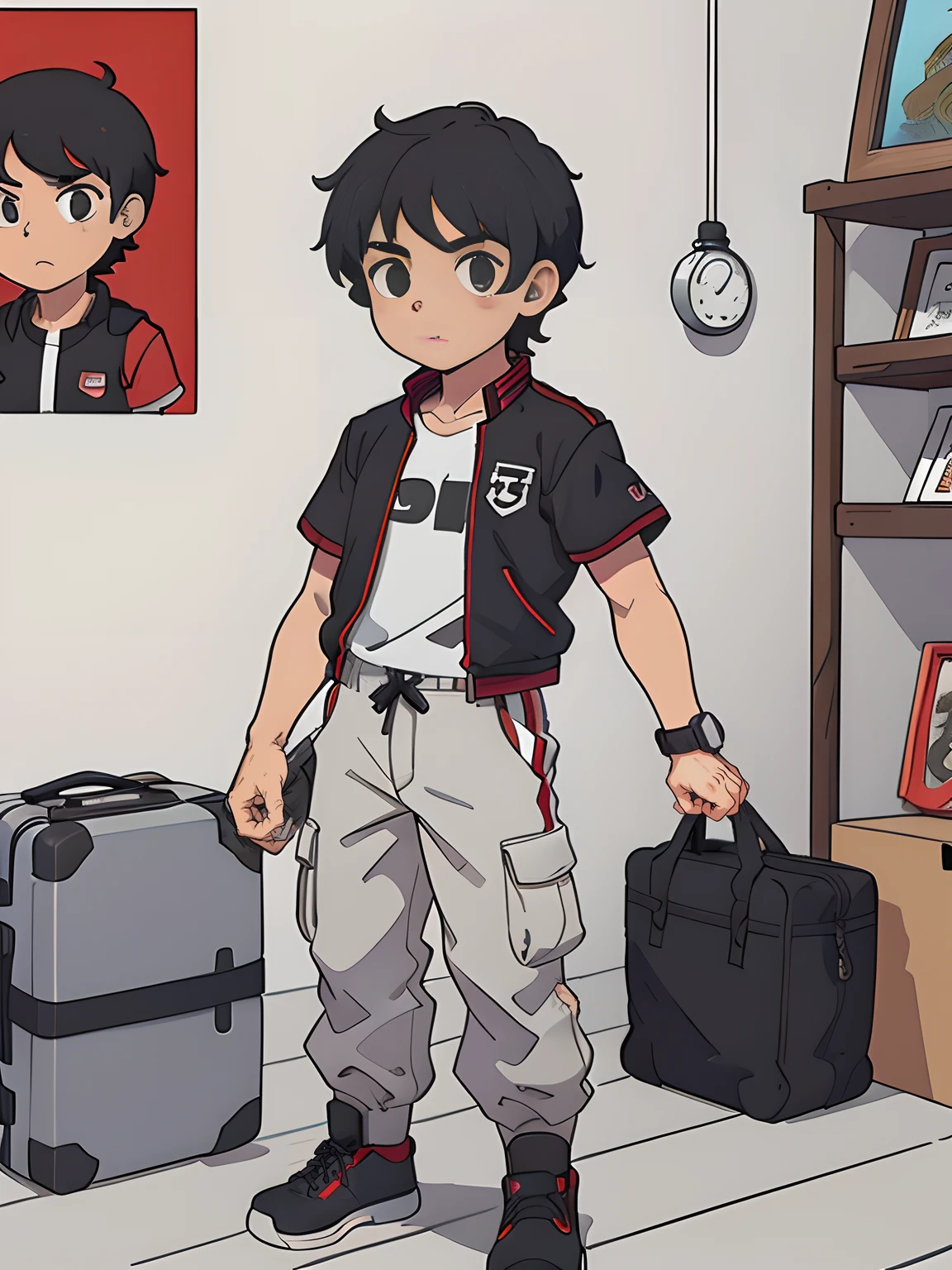 ((1garoto)) jovem, menino, masculino, cabelo marrom, cor marrom dos olhos, Short manga jacket with a red stripe in the middle horizontal and white manga shirt, gray cargo pants, portanto, o smartwatch, Black and white baseball cap with two red stripes, gray cargo pants, sapatos esportivos brancos, desenho, manga, ((master part)) 4k, ((manga-style)) estilo de desenho ((arte conceitual)) corpo inteiro, Standing