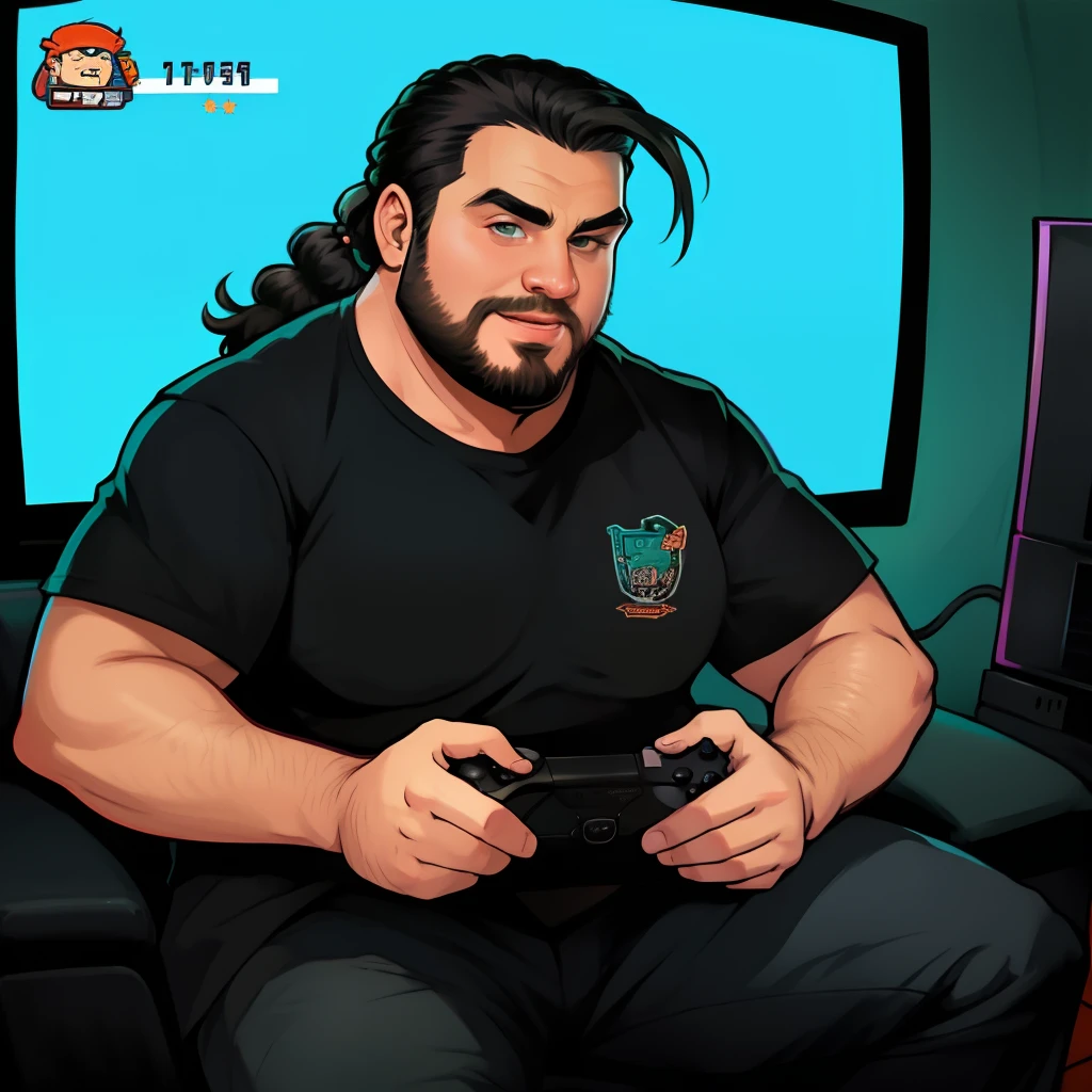 Cartoon, homem, de 30 anos, levemente gordo, cabelo penteado ao meio, playing video games, alta qualidade