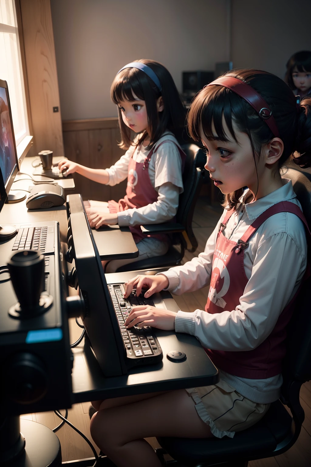 A group of little sisters playing games in an internet café