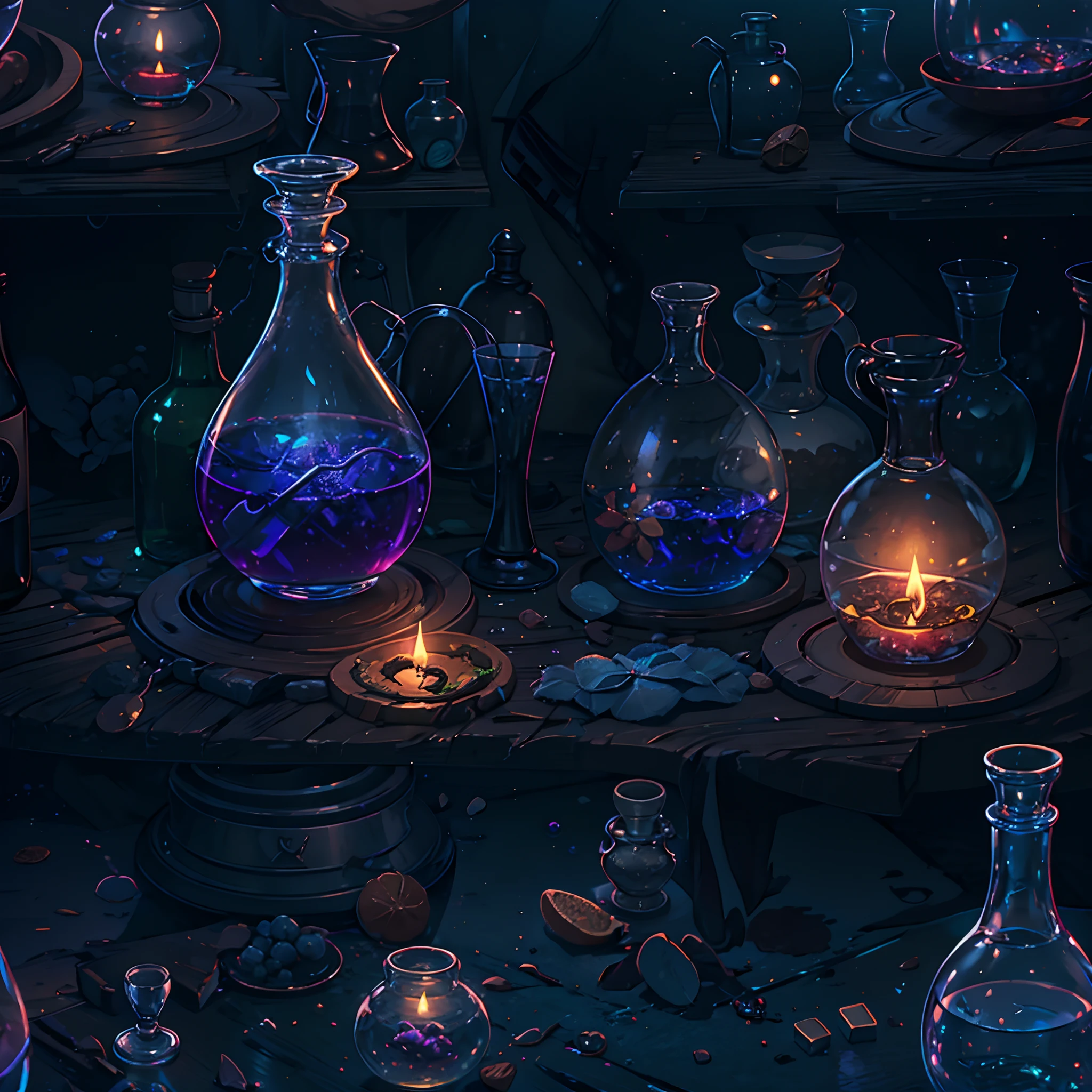 mysterious glowing potion sitting on the table in a dark room
