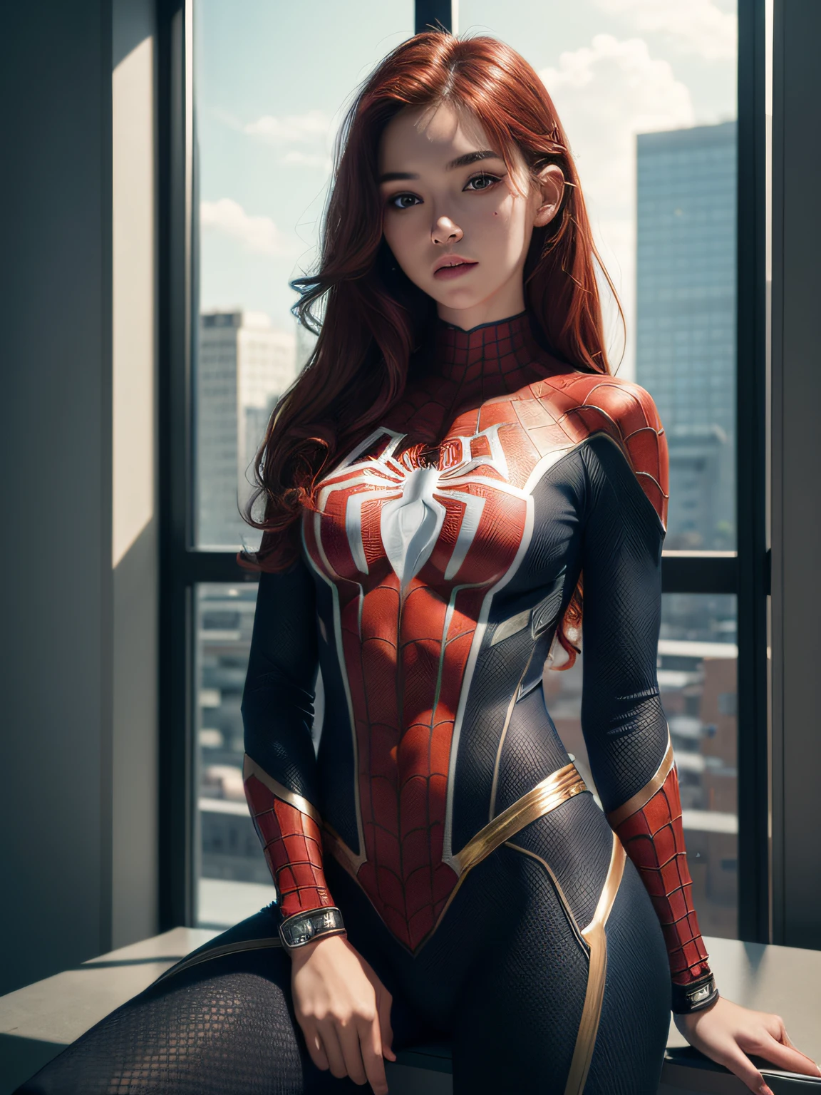 (Extreme Detail CG Unity 8K wallpaper, masterpiece, high quality), (Exquisite lighting and shadow, highly dramatic image, cinematic lens effect), a girl in a golden Spider-Man costume, silver red hair color, from the parallel universe of Spider-Man, Wenger, Marvel, Spider-Man, sitting on the couch, dynamic pose), (excellent detail, excellent lighting, wide angle), (excellent rendering, enough to stand out in its class),   focus on white Spider-Man costumes, complex spider textures, in a futuristic neon city