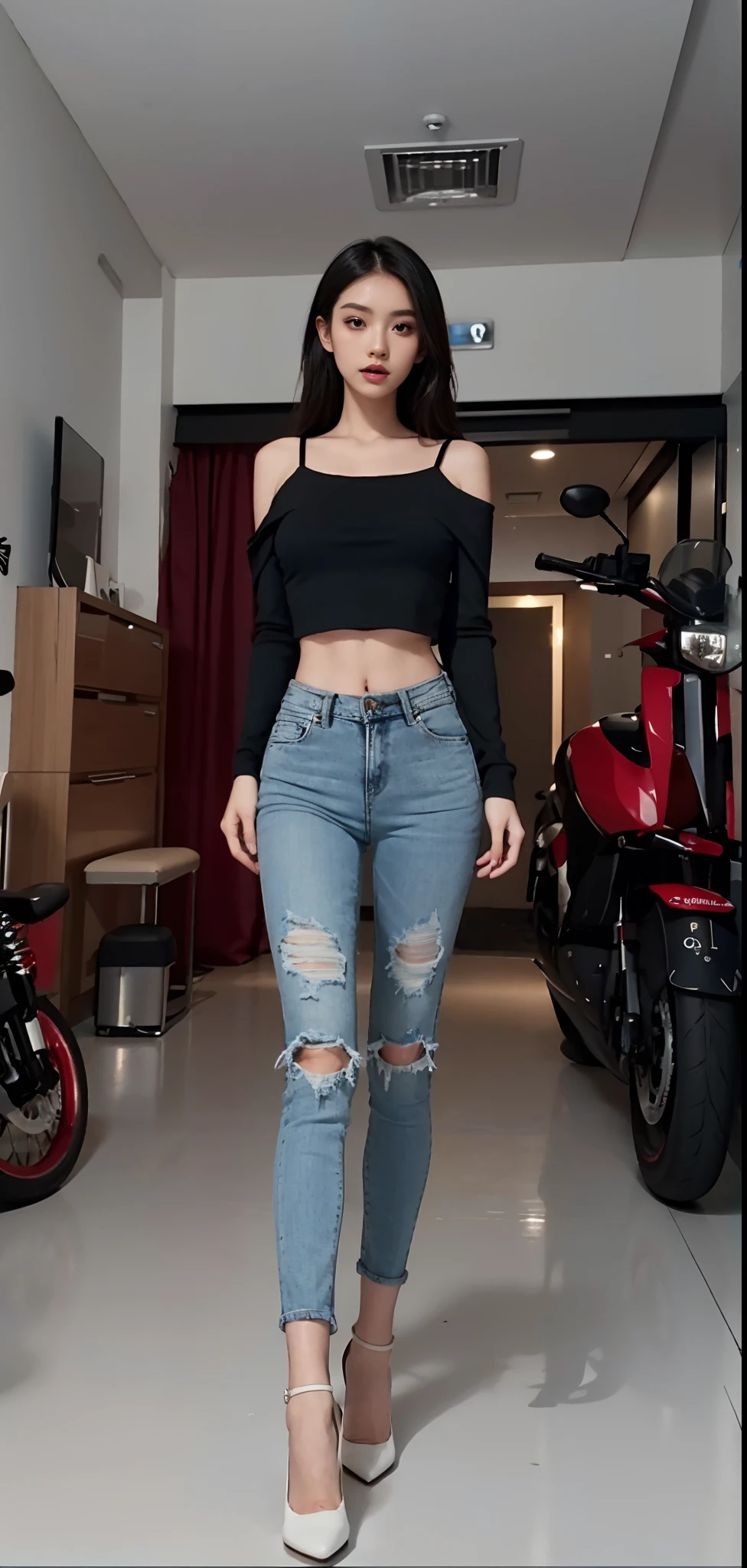 wearing a black top, wearing sexy cropped top, wearing tight simple clothes, wearing a crop top, 2 4 year old female model, Black skinny jeans, big breasts thin waist, photo of slim girl model, ( ( ( Wearing jeans ) ) ), wearing a crop top, wearing a cropped top,top-quality,8K,tmasterpiece:1.3,Sharp focus:1.2,perfect body type:1.4