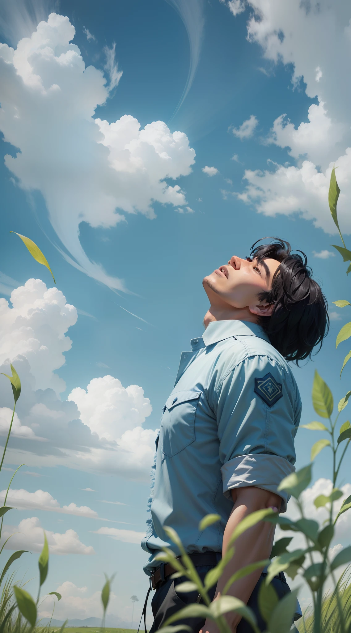 An Asian man, with blue sky and white clouds, Green meadow, Verism, En plein air, hyper HD, High details, Super detail, Textured skin, High quality, A high resolution, Best quality, Masterpiece, retinas, 4K