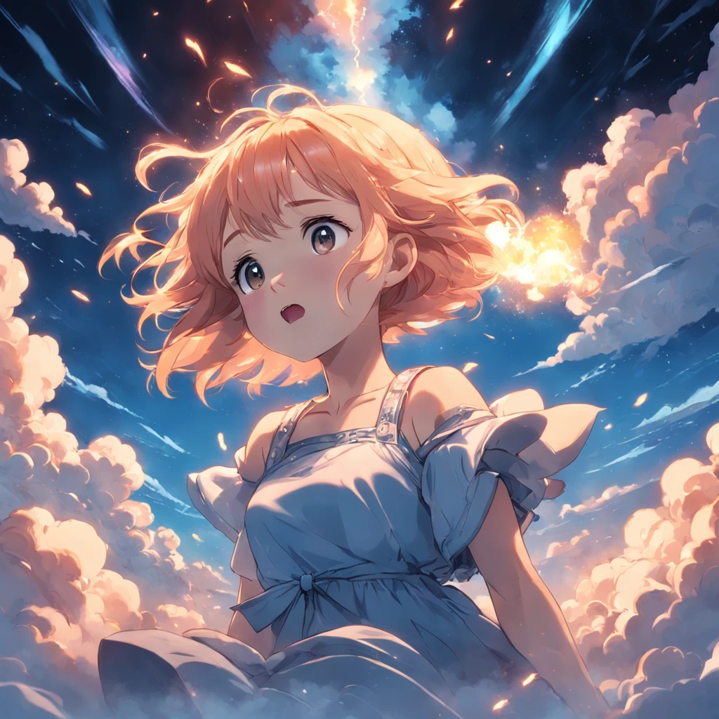 masterpiece, best quality, movie still, 1girl, cloud girl, floating in the sky, close-up, bright, happy, warm soft lighting, sunset, (sparks:0.7)