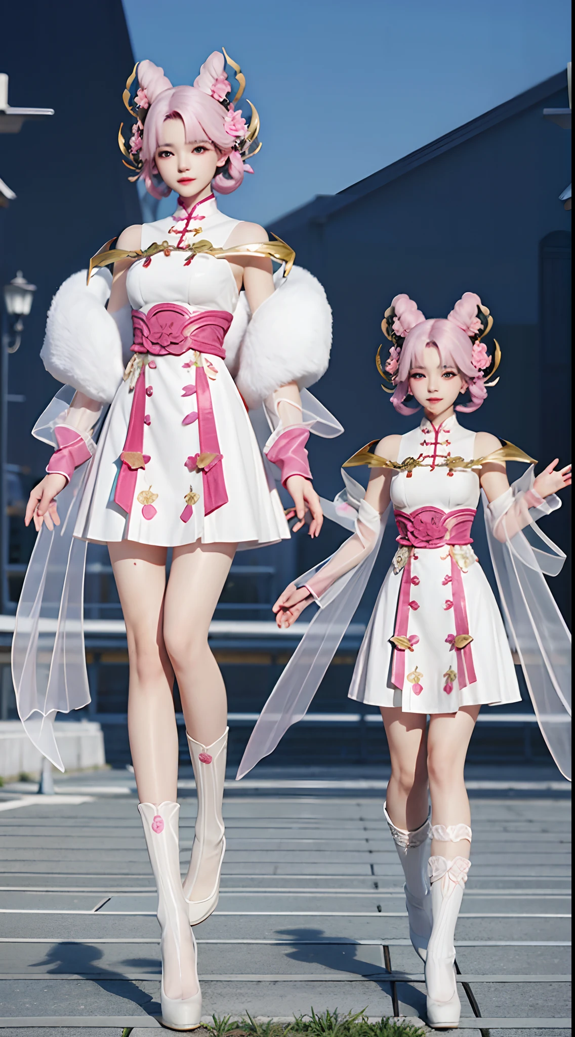 Pink and white hair a short bob Beautiful breasts qipao dress
