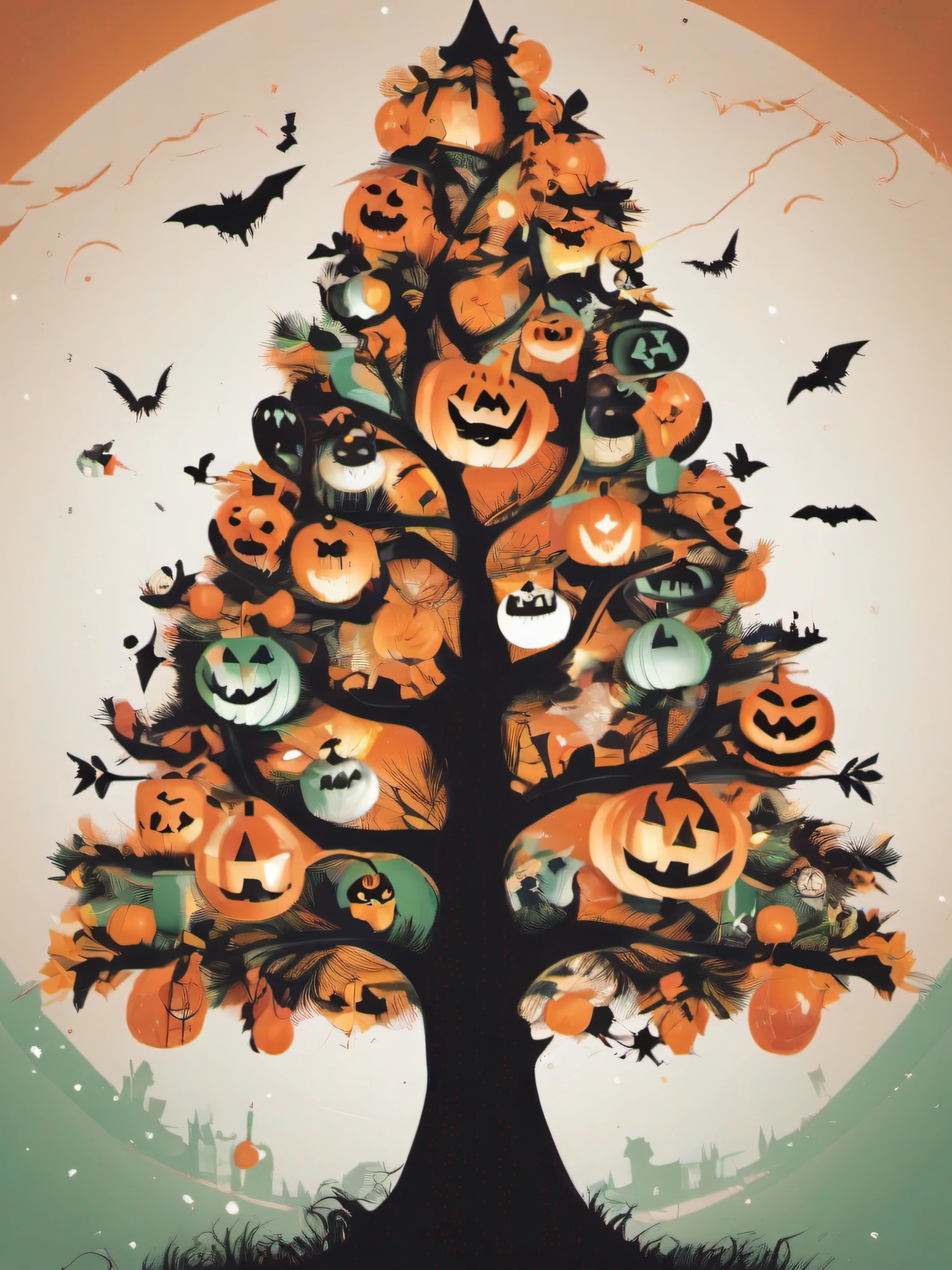 isolated vector art featuring a Christmas tree made entirely of Halloween-themed elements. Utilize detailed illustrations of jack-o'-lanterns, black cats, and eerie moonlit scenes to form the tree's branches. Employ a deep color palette with pops of holiday red and green. This design captures the fun and unexpected fusion of two festive occasions, no-background, in the style of 0mib