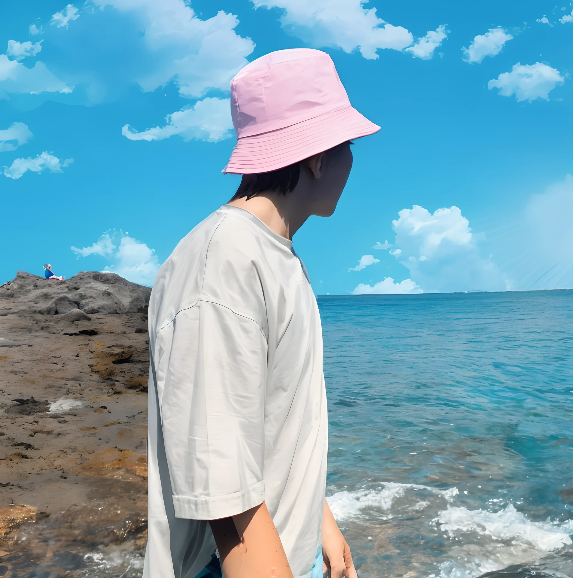 8K,best qulity,The Masterpiece,1 cute girl ,10 yeak pupils,pink tinted hair,Natural volumes,shorter hair,T-shirt and pants, Lovely lace edges,Children's figure,Thin ankles,Barefoot,Turquoise pool background,Cute swimming ring,Welcoming summer atmosphere,relaxed,colourful,Normal hands,Delicate fingers
