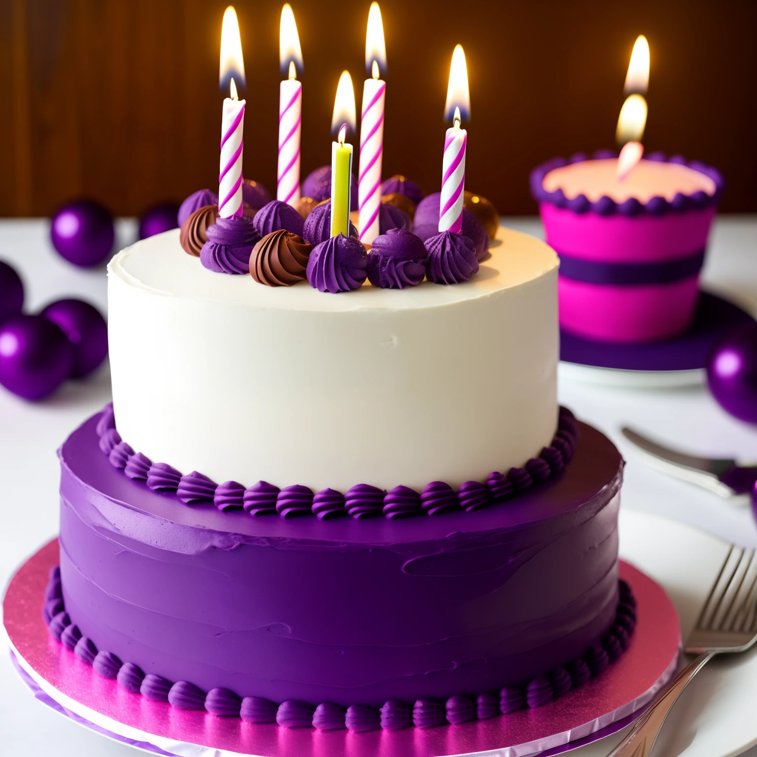 birthday cake morado, en una mesa alrededor globos morados, and say happy birthda