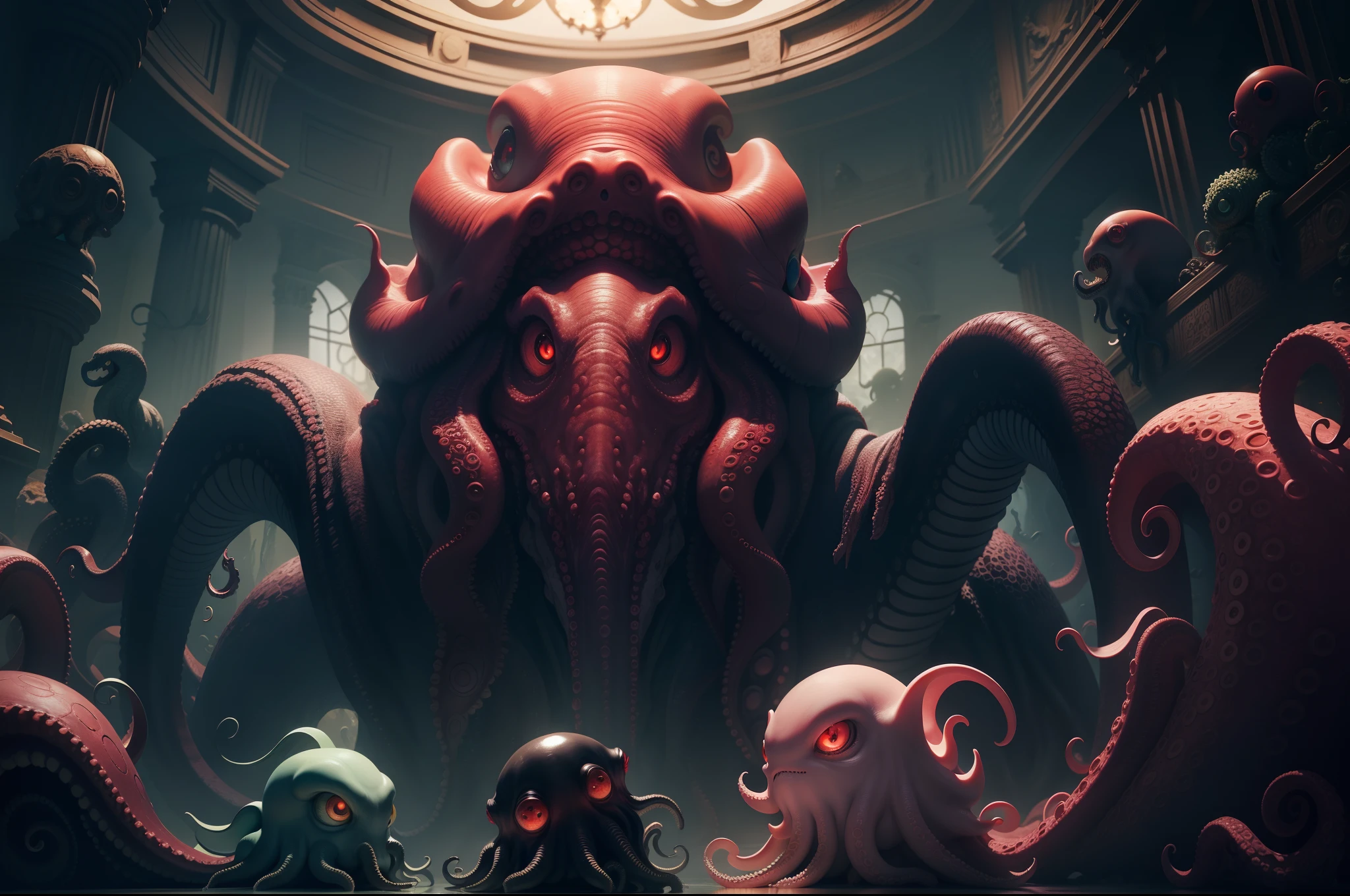 mollusca,an octopus,Cthulhu,sea monster,tentaculata,Big red eyes,staredown,Abyss,Dark style,Expanded tentacles