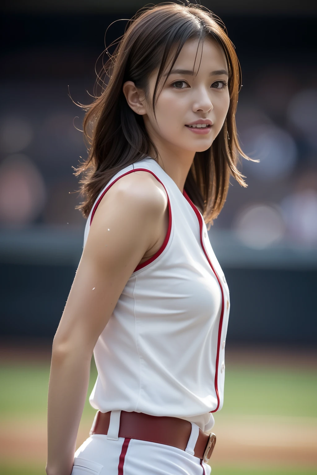 (Best Quality, 8K, 32K, masutepiece, nffsw:1.2), (1 slender woman of Japan, 28 years old, Tall gravure model), dark brown hair, Bright foreground, Professional Lighting, Photon mapping, Radio City, shading:1.3, (high-detail skin:1.2), Huge breasts:1.5, (Shorts, exposed shoulder:1.1), randome pose, ((Provocative Dynamic Poses)), (she is soaking wet), top-down view:1.5, (baseball uniform:1.1), hyperdetailed face, Detailed lips, Detailed eyes, Double eyelids, Inside the stadium, Looking Camera, (Sensual gaze on the photographer, lips slightly open), Breaking the clear sky, Baseball Stadium, The audience gets excited, Confetti flies, Happy smile,