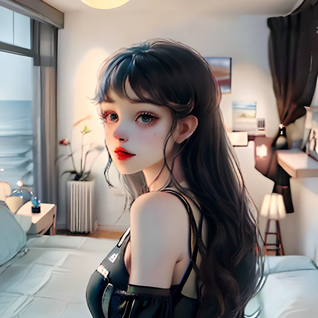 Petite,Bangs at the end,black color hair, Chest D,Dress cutely,Wearing black stockings,black undersuit,photorealestic,The right hand has five fingers with gaps,The left hand has five fingers with gaps,Micro clenched his fists,pure and cute,A MILF,The location is in the bedroom,The expression is seductive,Bright blue eyes