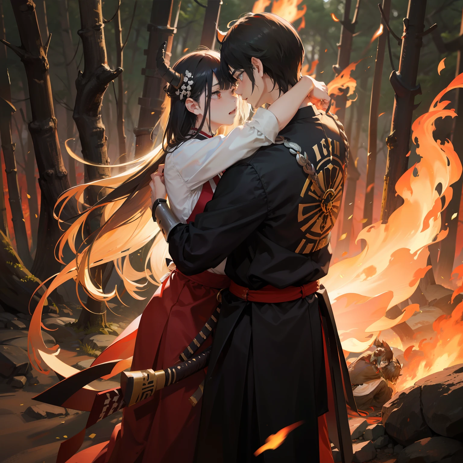 Couple, human man,man long hair, man tail, warrior, samurai man, samurai suit, samurai armor,demon girl, black long hair, hug, fire background, forest background