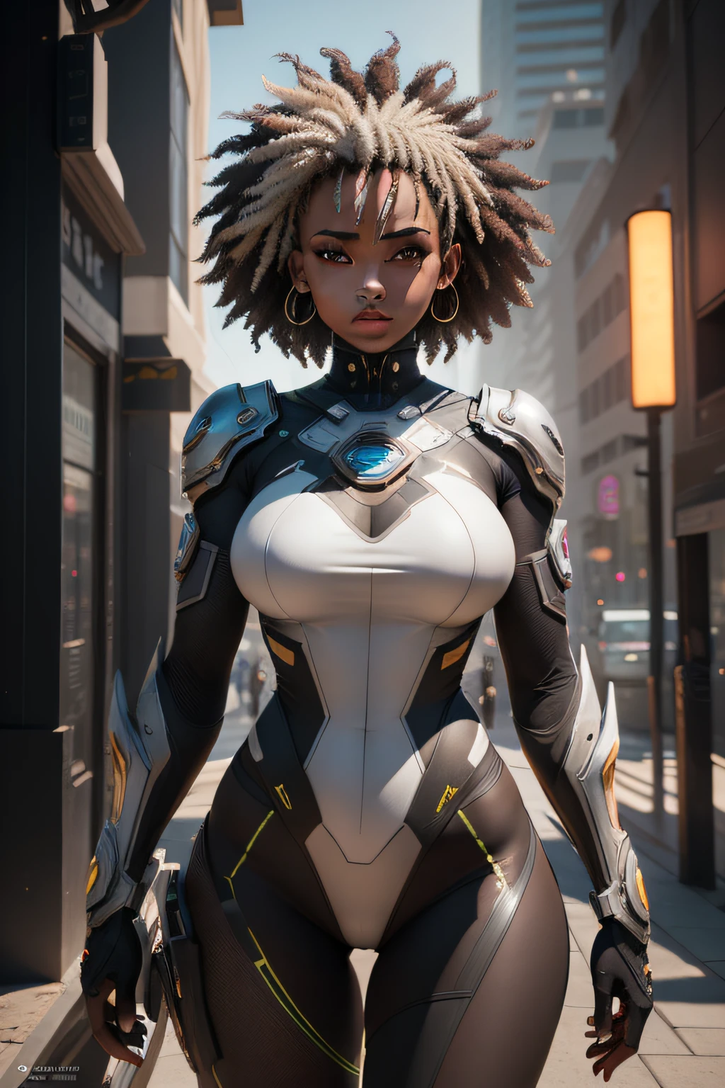1 mature black woman, Body, Cyberpunk, mecha-armored, Mechanical, (masutepiece: 1.4), (8K, Realistic, Raw photo, Best Quality: 1.4), nipple areola shape clear, Black mature woman, large full breasts, Beautiful beautiful face, (Real Face: 1.4), Perfect , Beautiful dreadlocks, realistic black eyes, Beautiful detail eyes, (Real Skin: 1.3), Beautiful skin, Attractive, Ultra High Resolution, A hyper-realistic, city ruins, Post-apocalyptic world, Cinematic lighting,  Angry face, weapon in hand, futuristic fantasy, Legs open, Bottom_View, Battle Pose