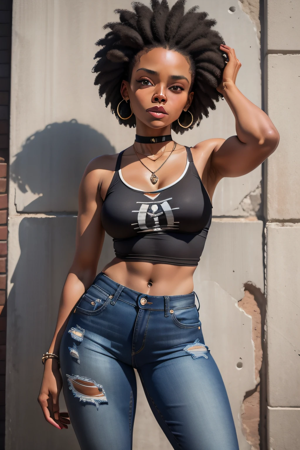 fisiculturista modelo feminino negra, with a handsome and serious face, com cabelo curto preto e olhos claros, exibindo um corpo perfeito e em forma, com abdome definido e grande, mamas musculosas.