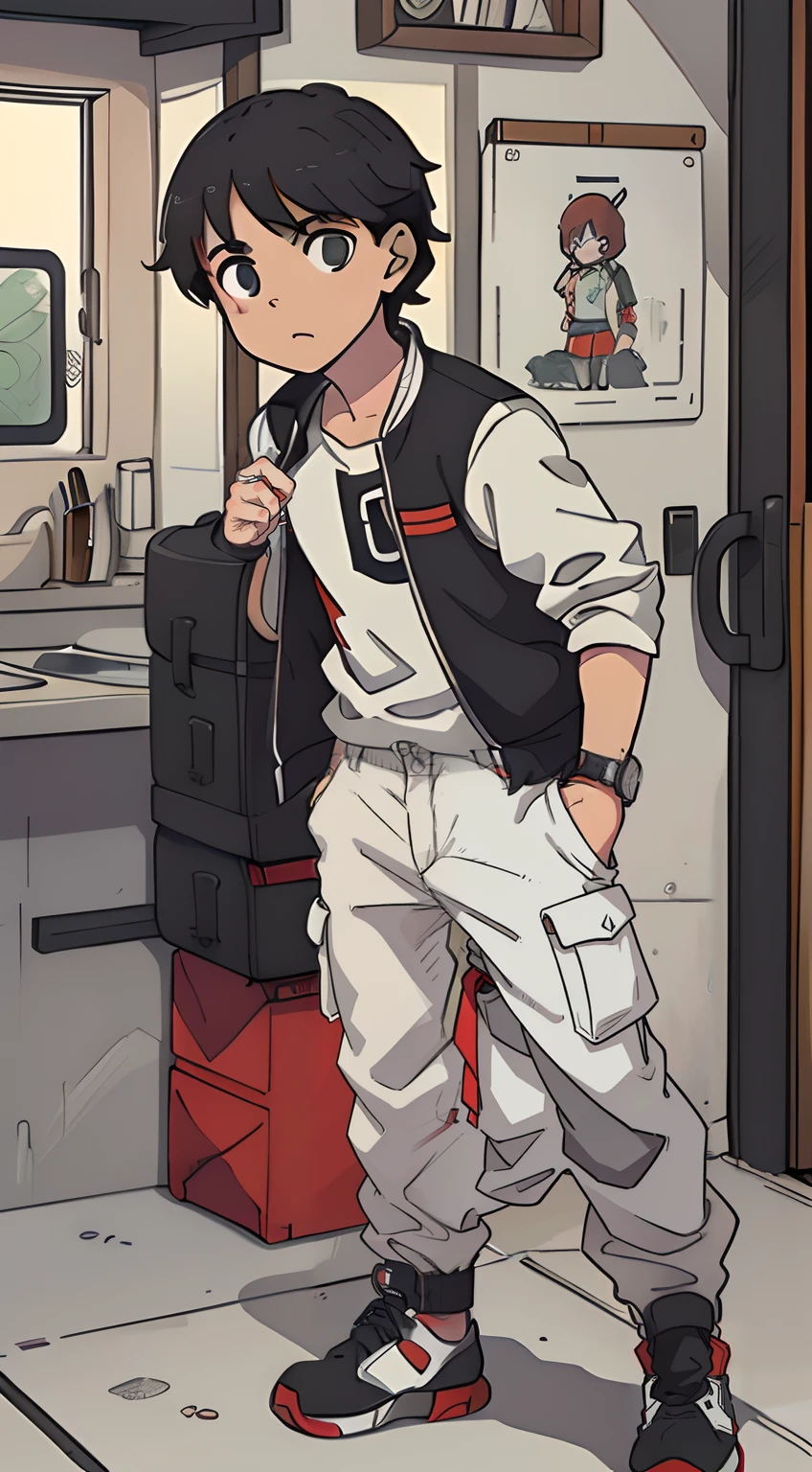 ((1garoto)) jovem, menino, masculino, cabelo marrom, cor marrom dos olhos, Short manga jacket with a red stripe in the middle horizontal and white manga shirt, gray cargo pants, portanto, o smartwatch, Black and white baseball cap with two red stripes, gray cargo pants, sapatos esportivos brancos, desenho, manga, ((master part)) 4k, ((manga-style)) estilo de desenho ((arte conceitual)) corpo inteiro, Standing