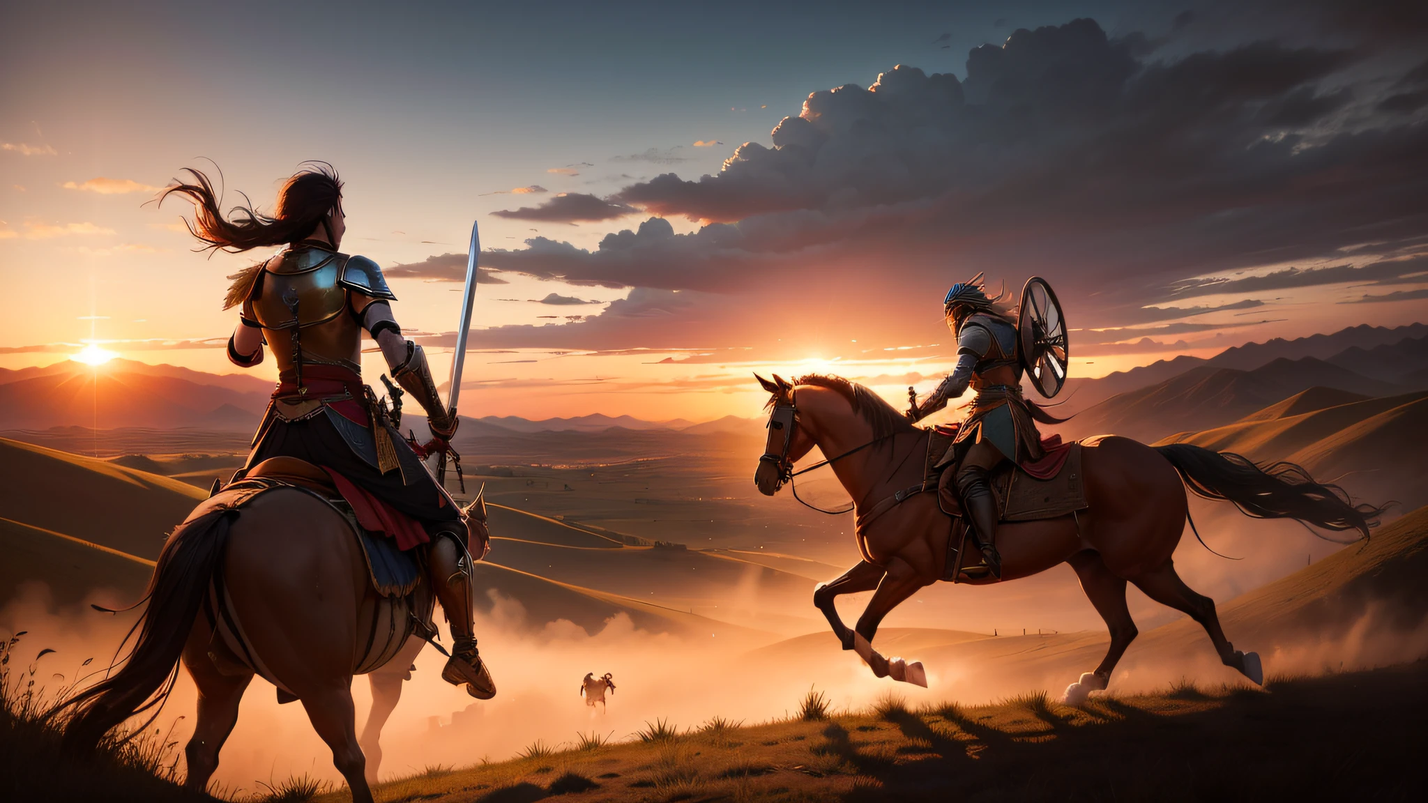 Riders with a spear and a sword pursue a warrior fleeing from them. In the background sunset, hills and steppe